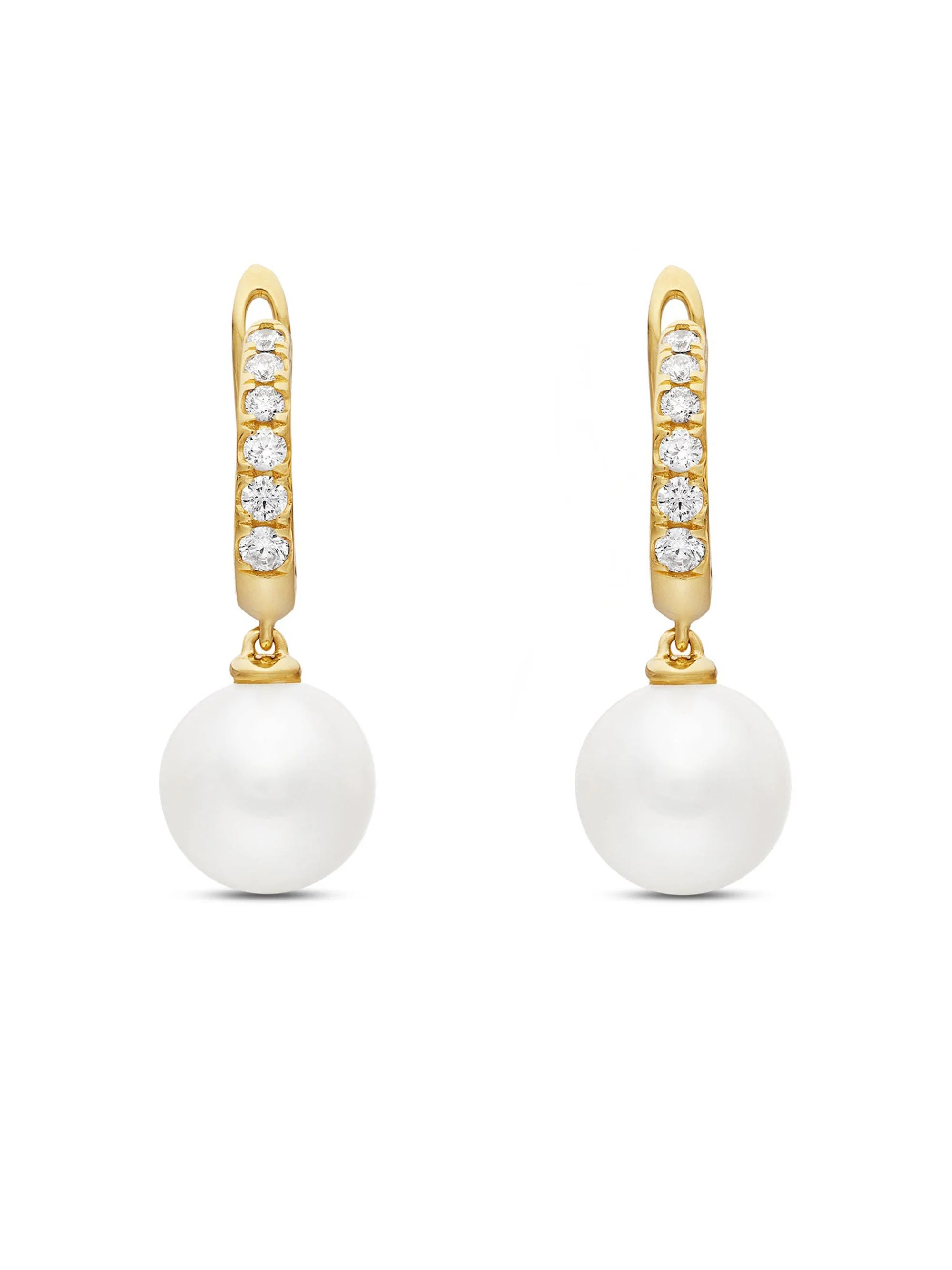 Women's Pearl and Pavé Drop Earrings in 18K Yellow Gold with Pearls and Diamonds, 15.6mm - Pearl - 1