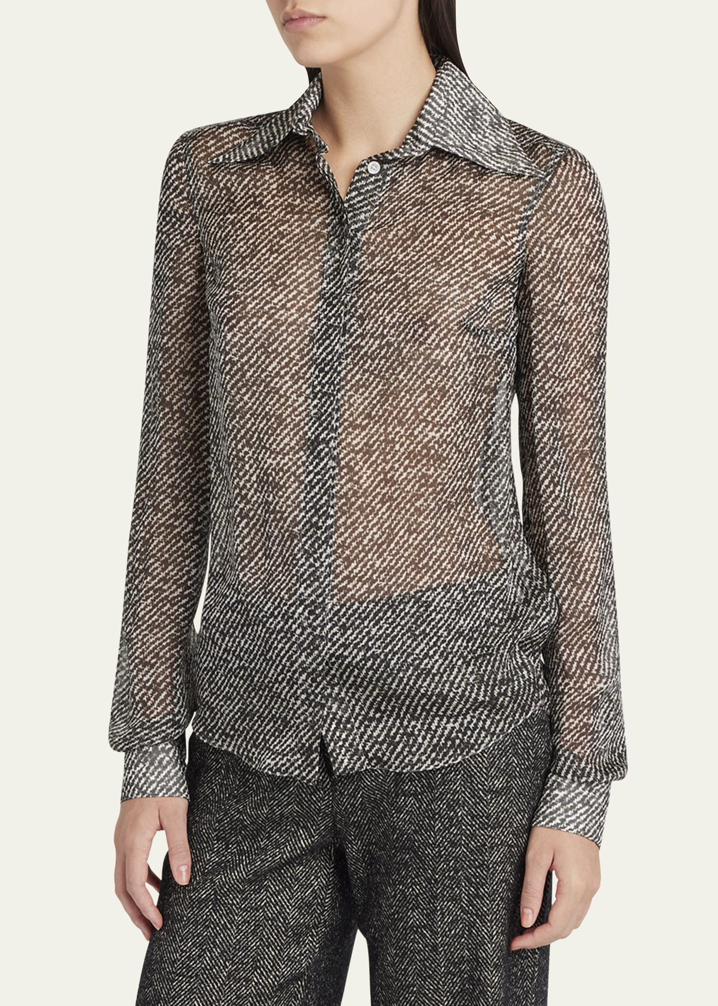 Boucle-Print Silk Chiffon Button-Down Shirt - 4