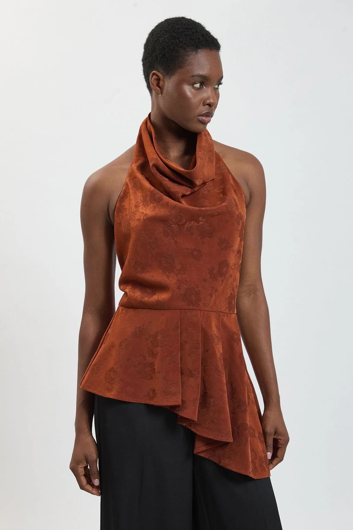Jacquard Cowl Neck Asymmetric Top - 1