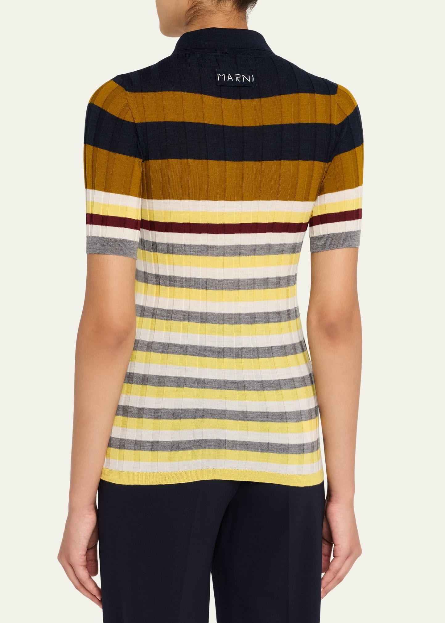 Striped Short-Sleeve Wide Rib Polo Sweater - 3