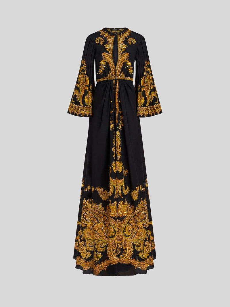LONG SILK DRESS WITH PLEATED SLEEVES 1