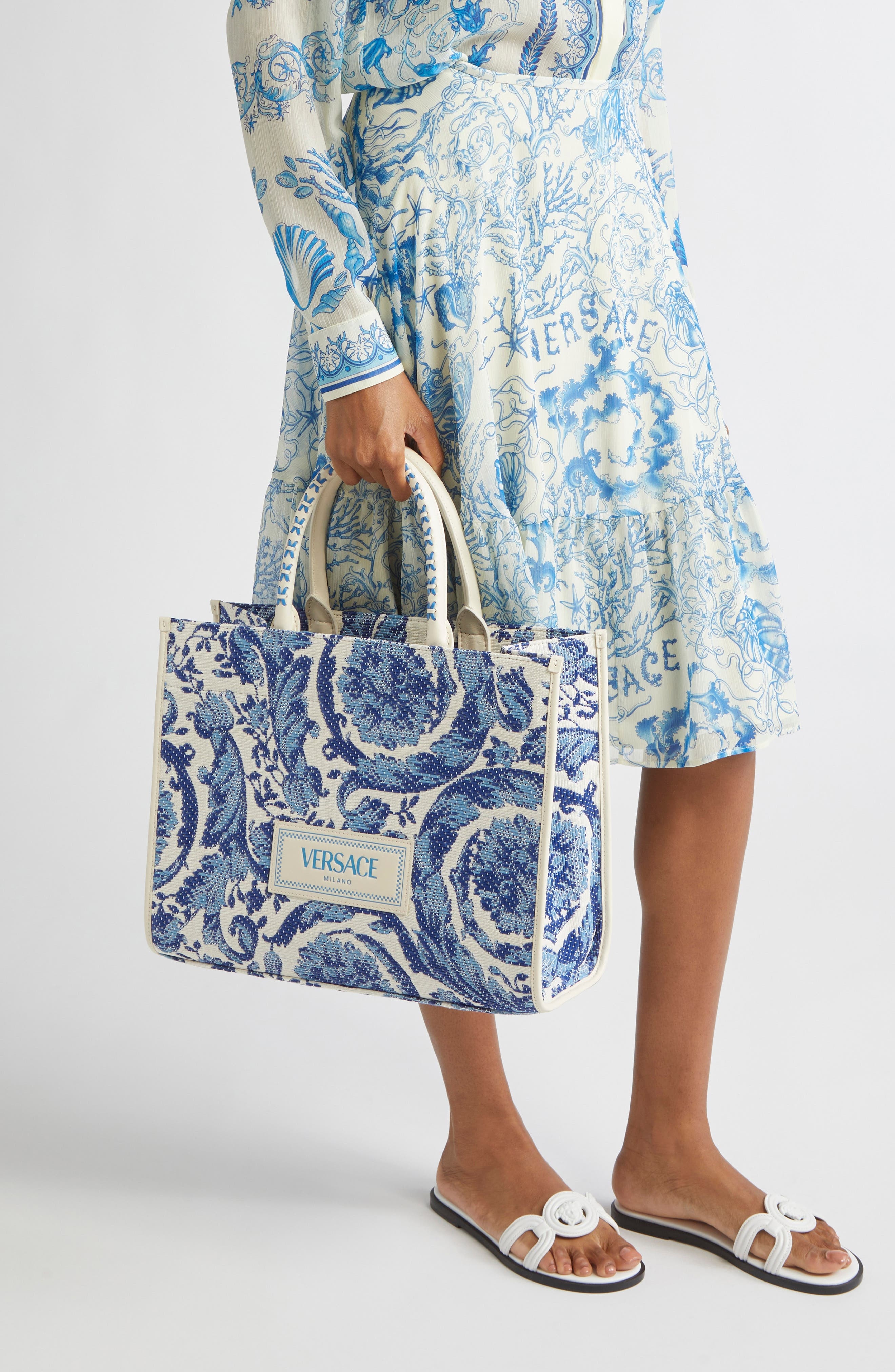 Versace Large Barocco Floral Raffia Tote in Eggshell/Bright Blue at Nordstrom - 2