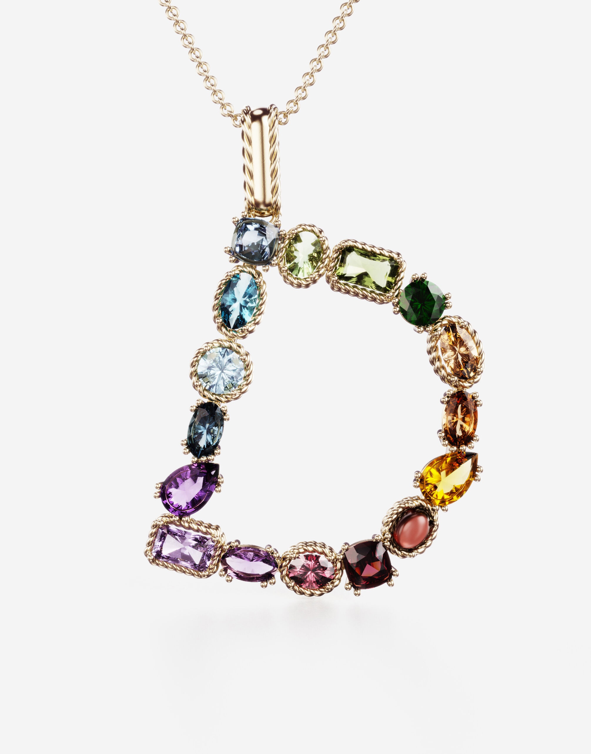 Rainbow alphabet D pendant in yellow gold with multicolor fine gems - 3
