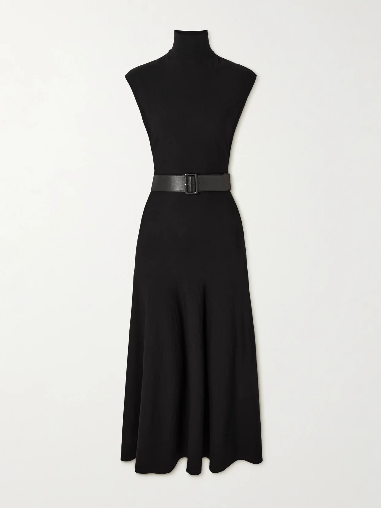 Belted Leather-trimmed Wool-blend Turtleneck Midi Dress - 1