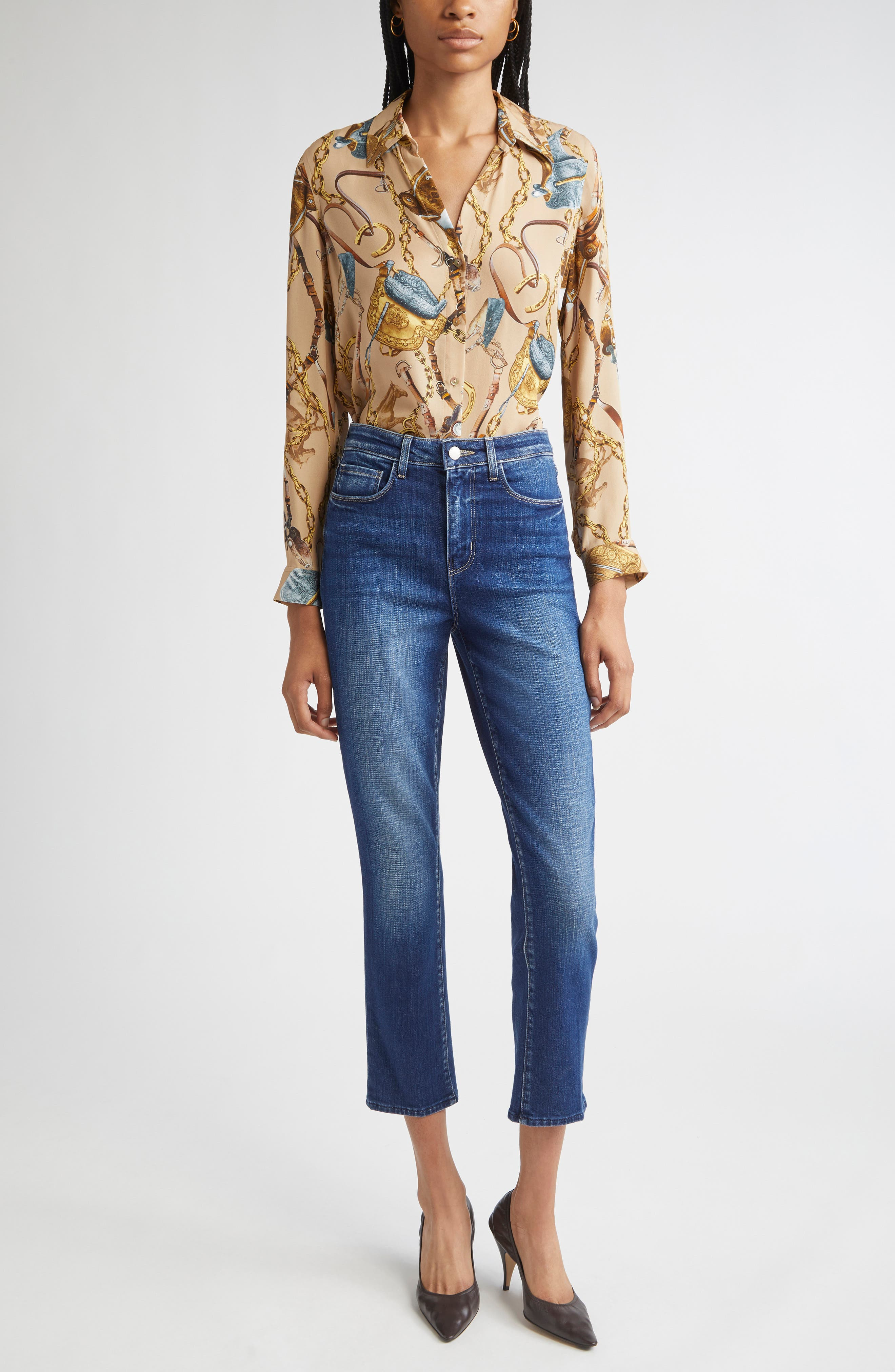 L'AGENCE Nina Chain Print Silk Button-Up Shirt in Dk Cppccno Mlt Equestrian Sdl at Nordstrom - 2