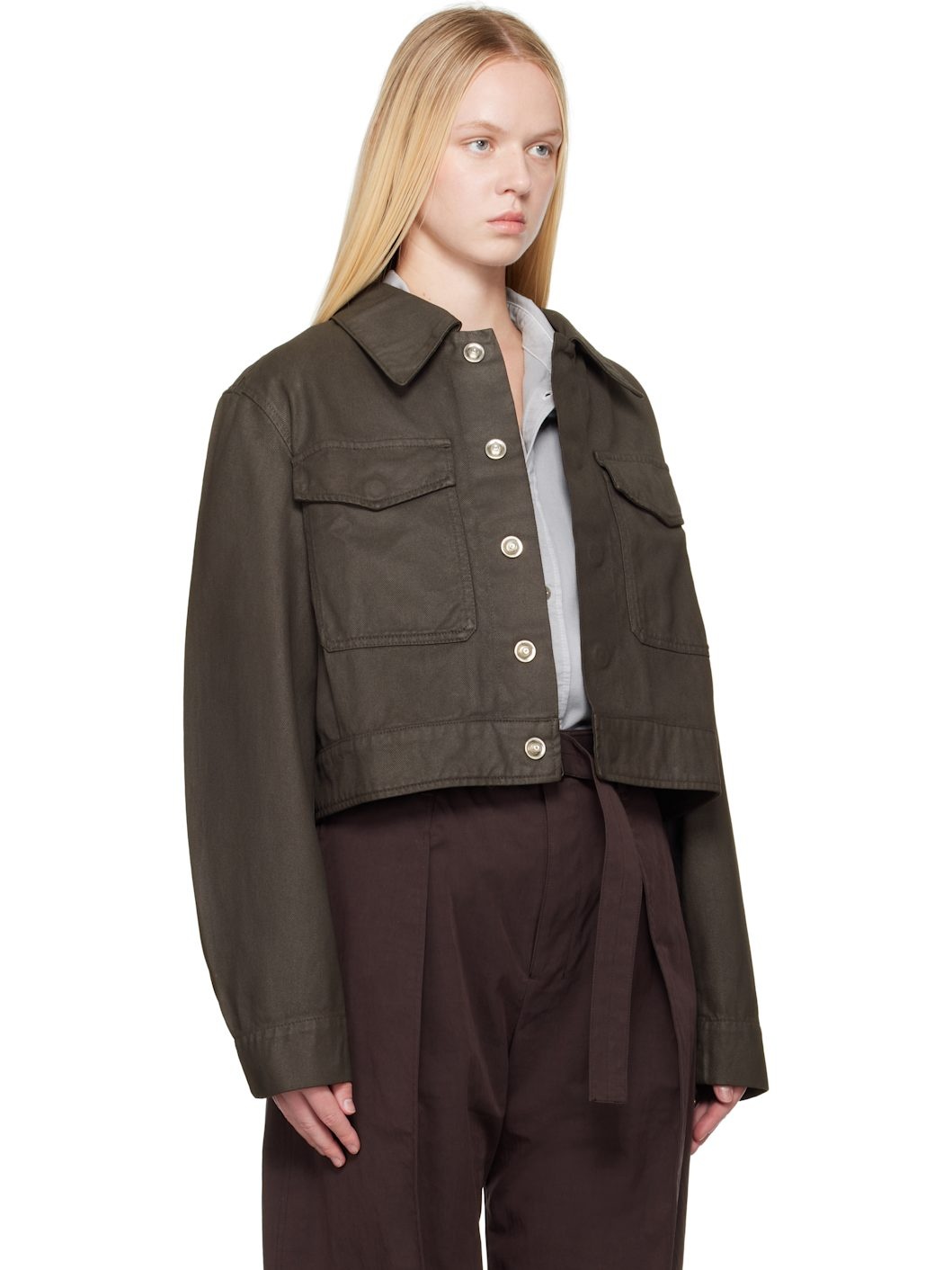 Brown Two Pocket Cropped Denim Jacket - 2