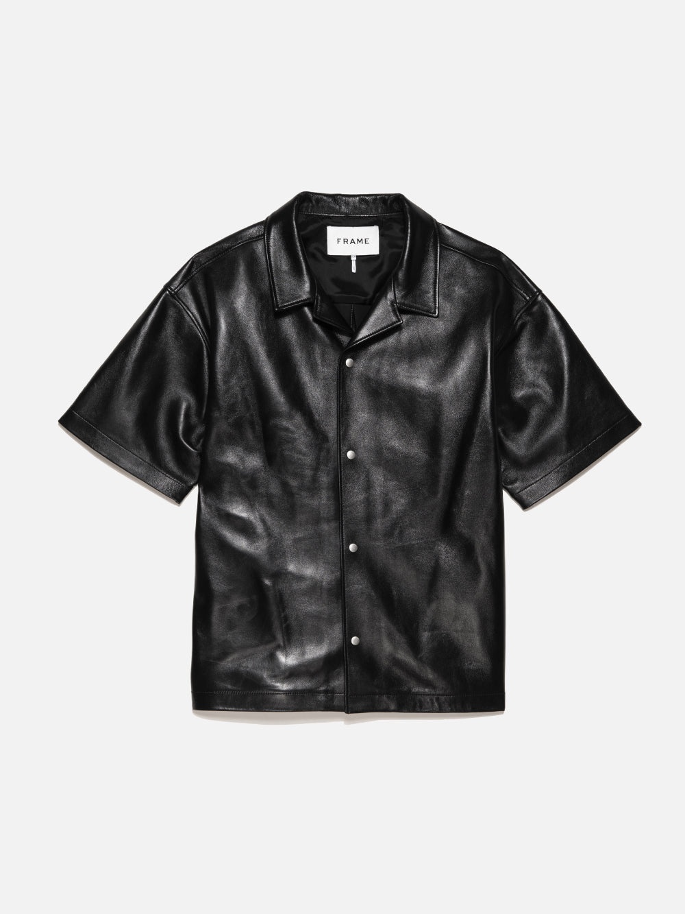 Short Sleeve Leather Camp Shirt in Black - 1