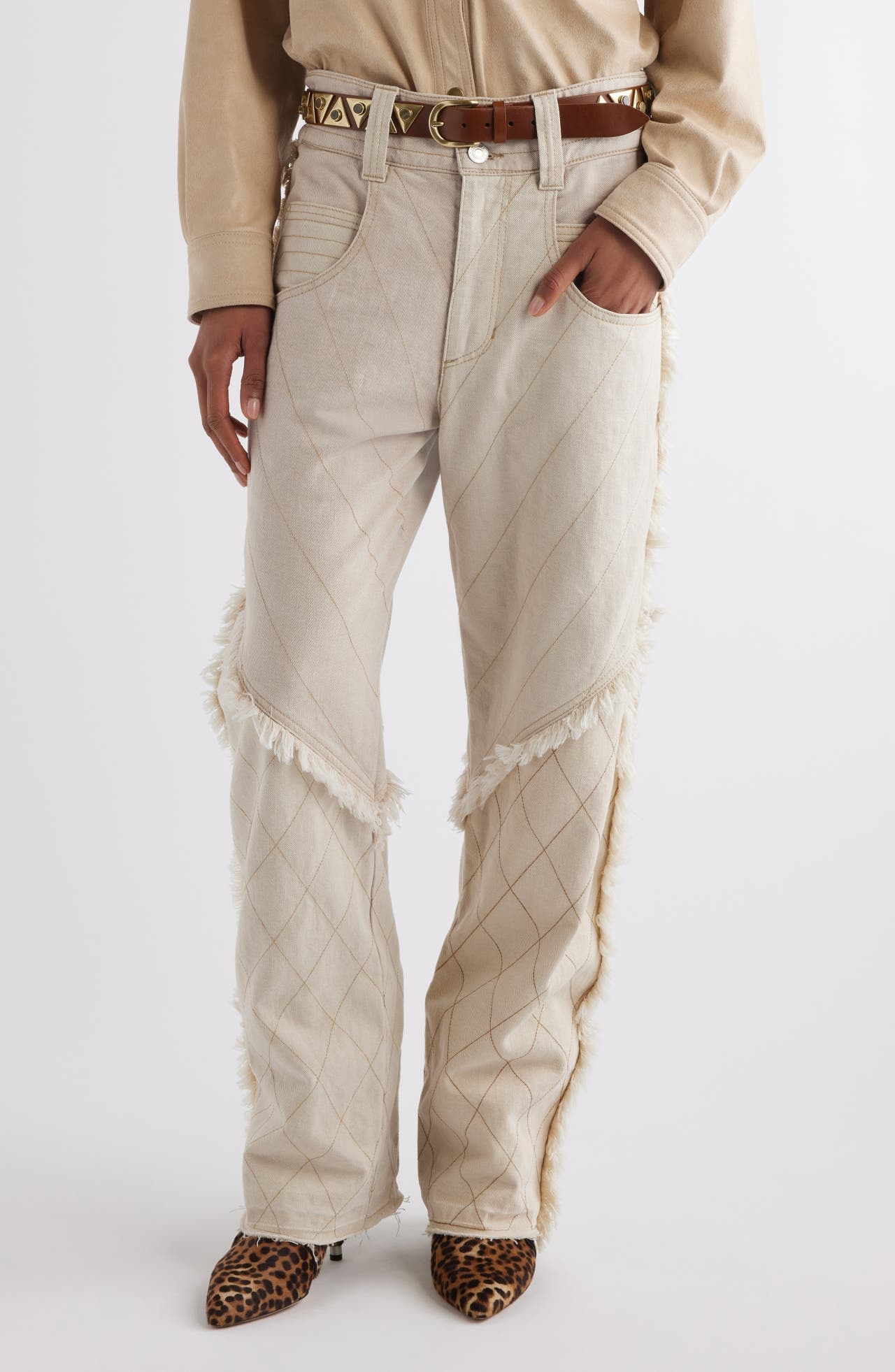 Isabel Marant Shanila Fringed Barrel Leg Jeans in Ecru at Nordstrom - 1