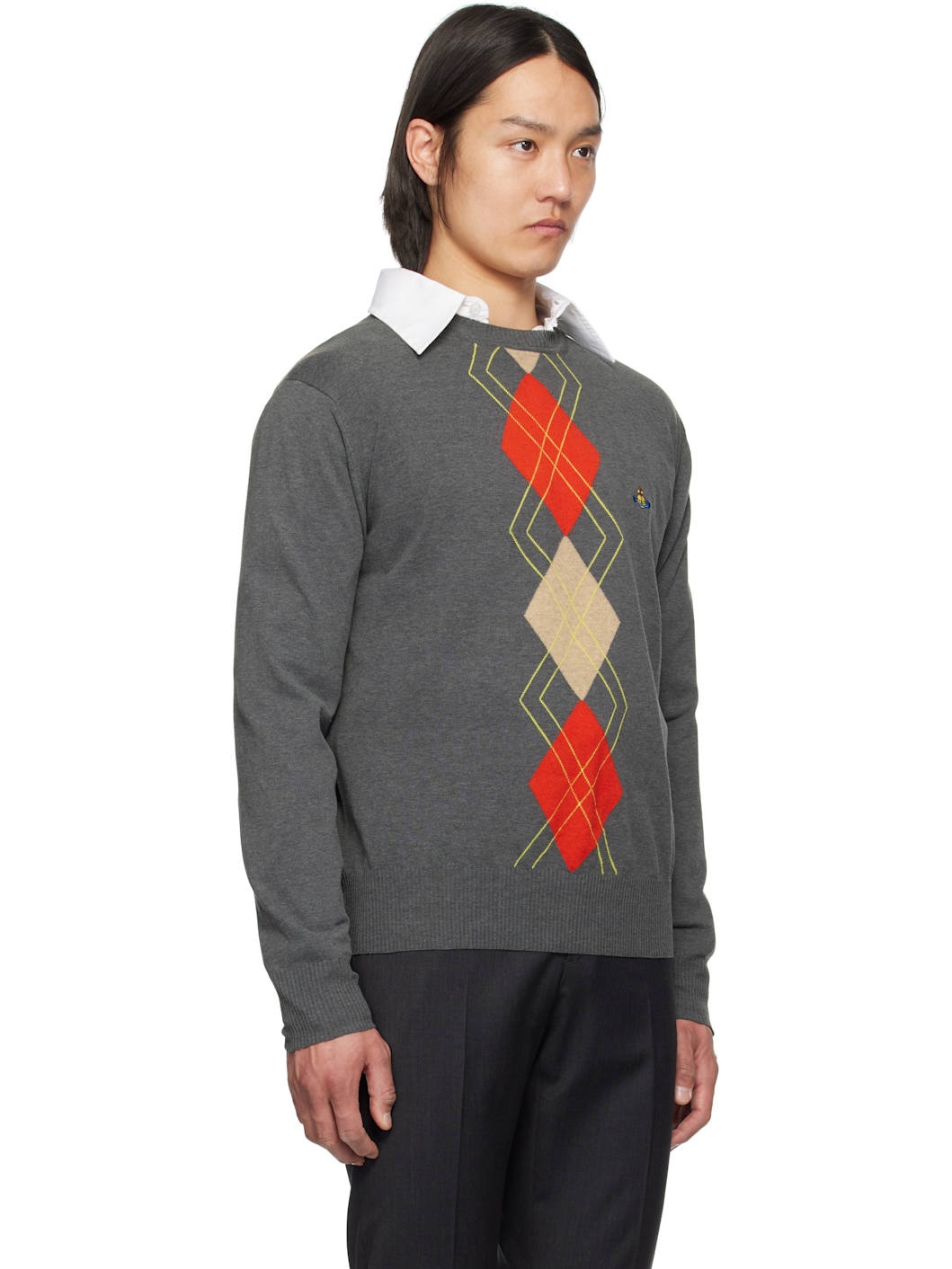 Gray Argyle Round Neck Sweater - 2