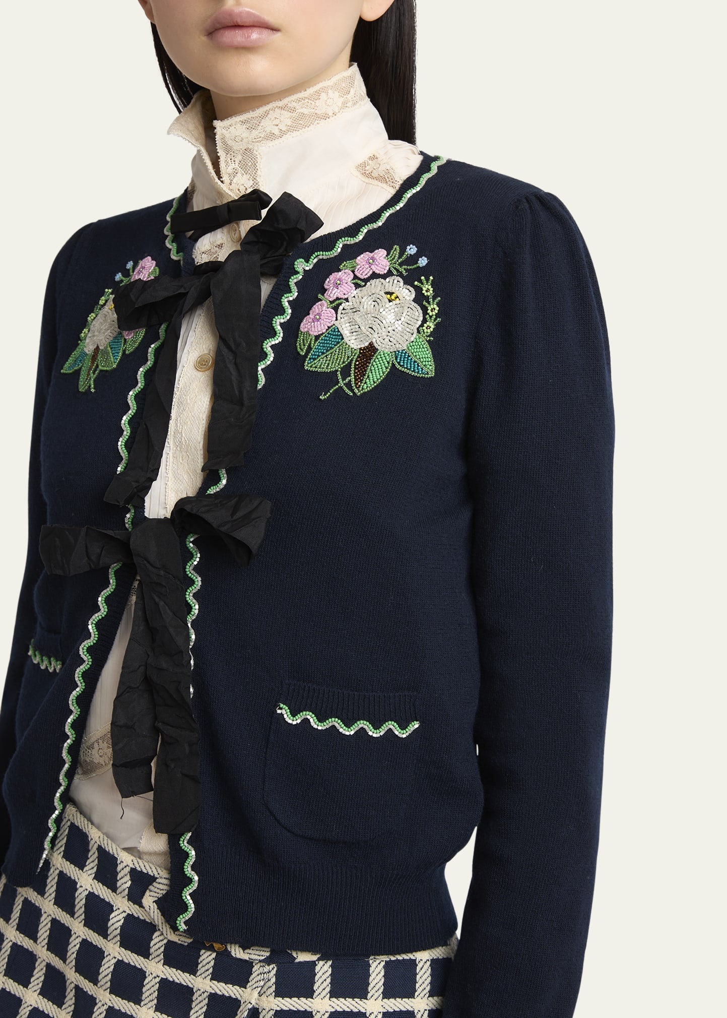 Floral Embroidered Bow-Tie Wool Cardigan - 5