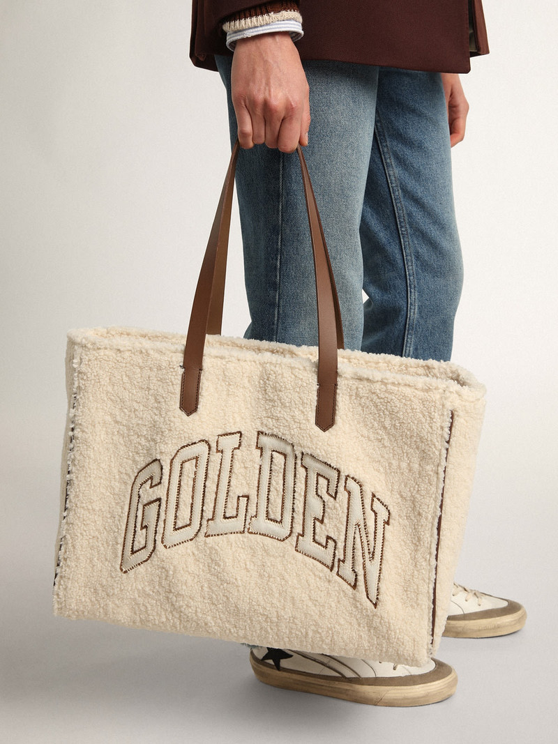 Golden Goose East-West California Bag in white faux fur with Golden lettering and contrasting handles outlook