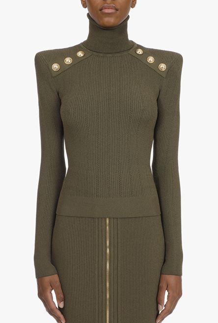 Khaki knit sweater with gold-tone buttons - 5