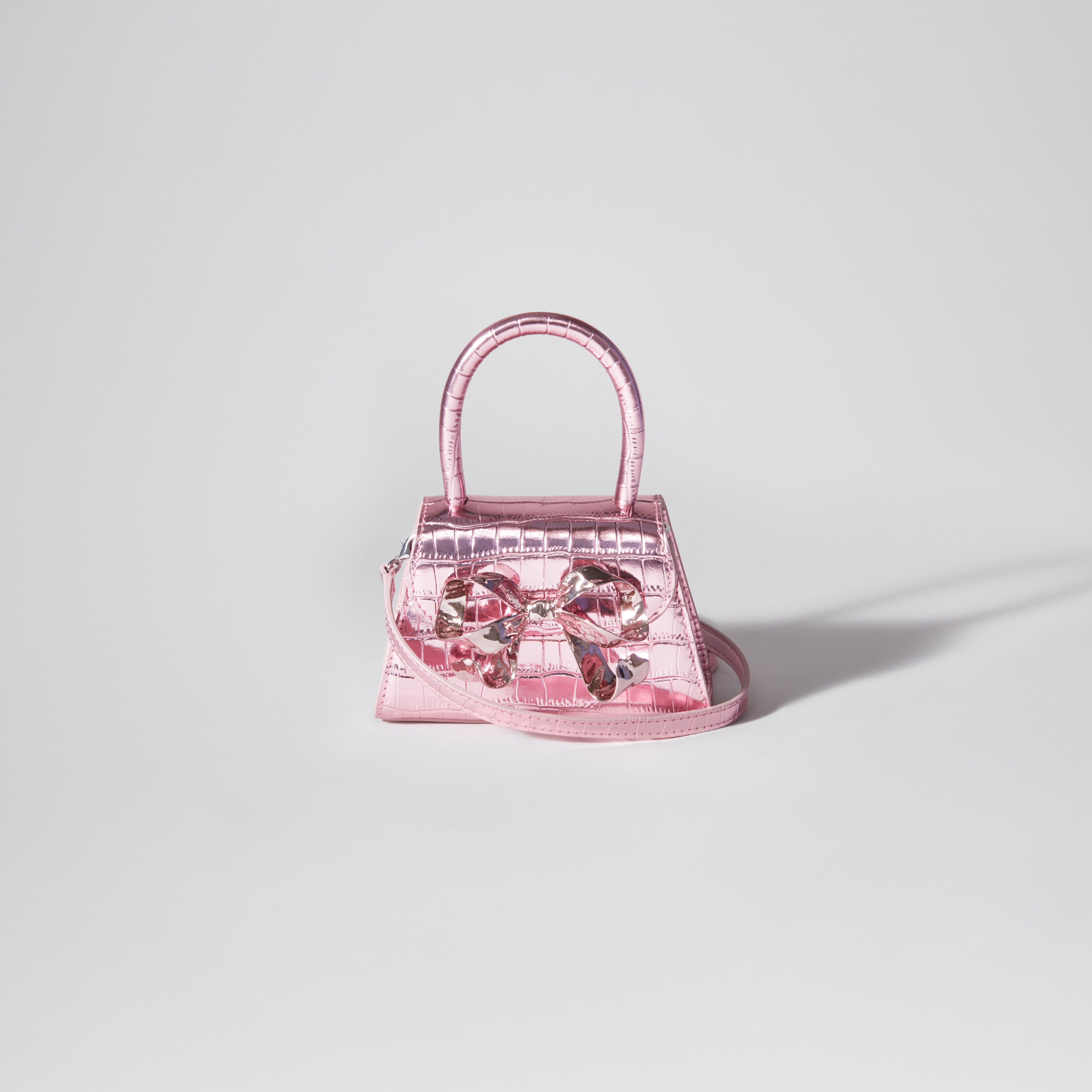 Pink Metallic Croc Micro Bow Bag - 4