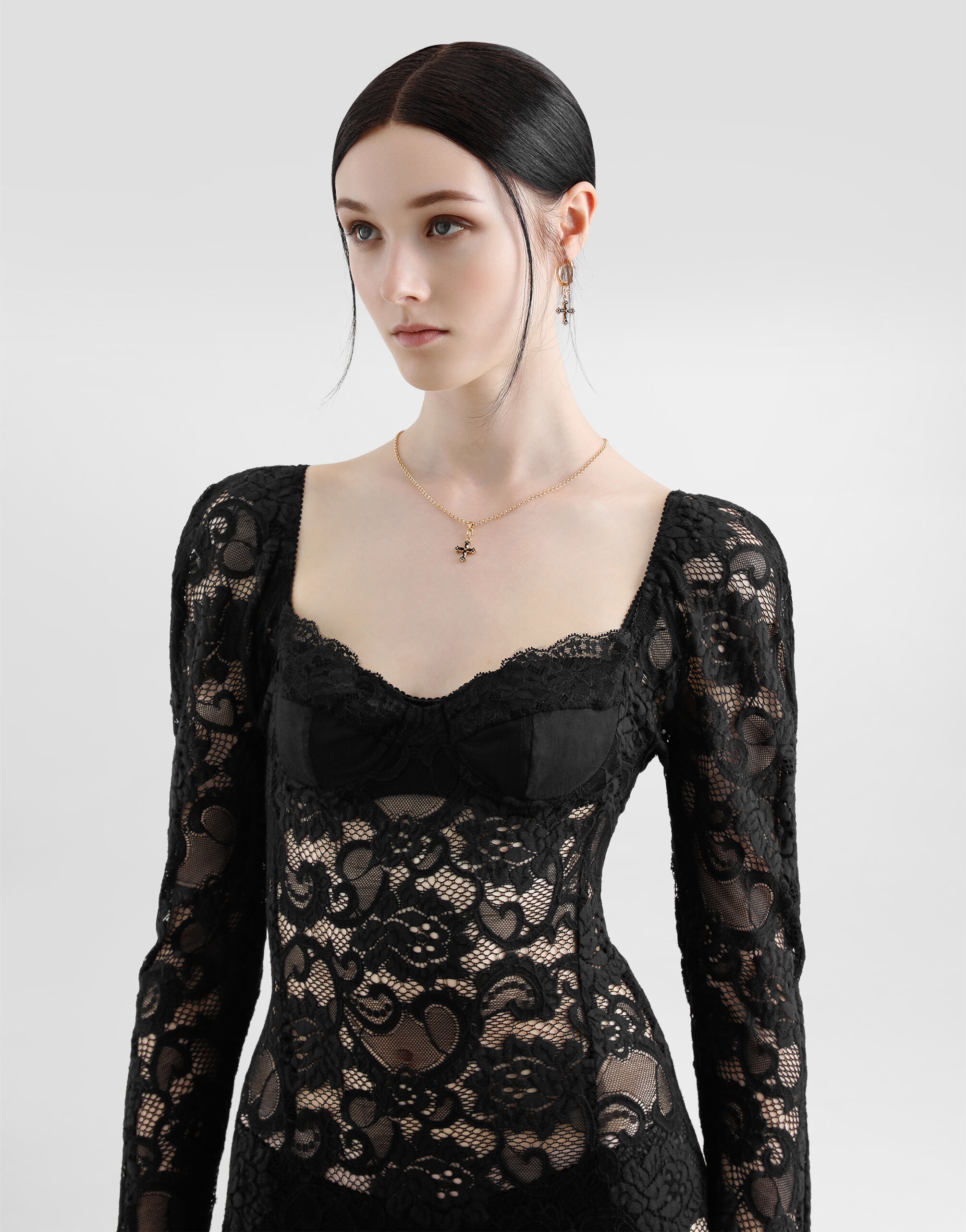 Calf-length floral lace dress with bra-style cups - 5