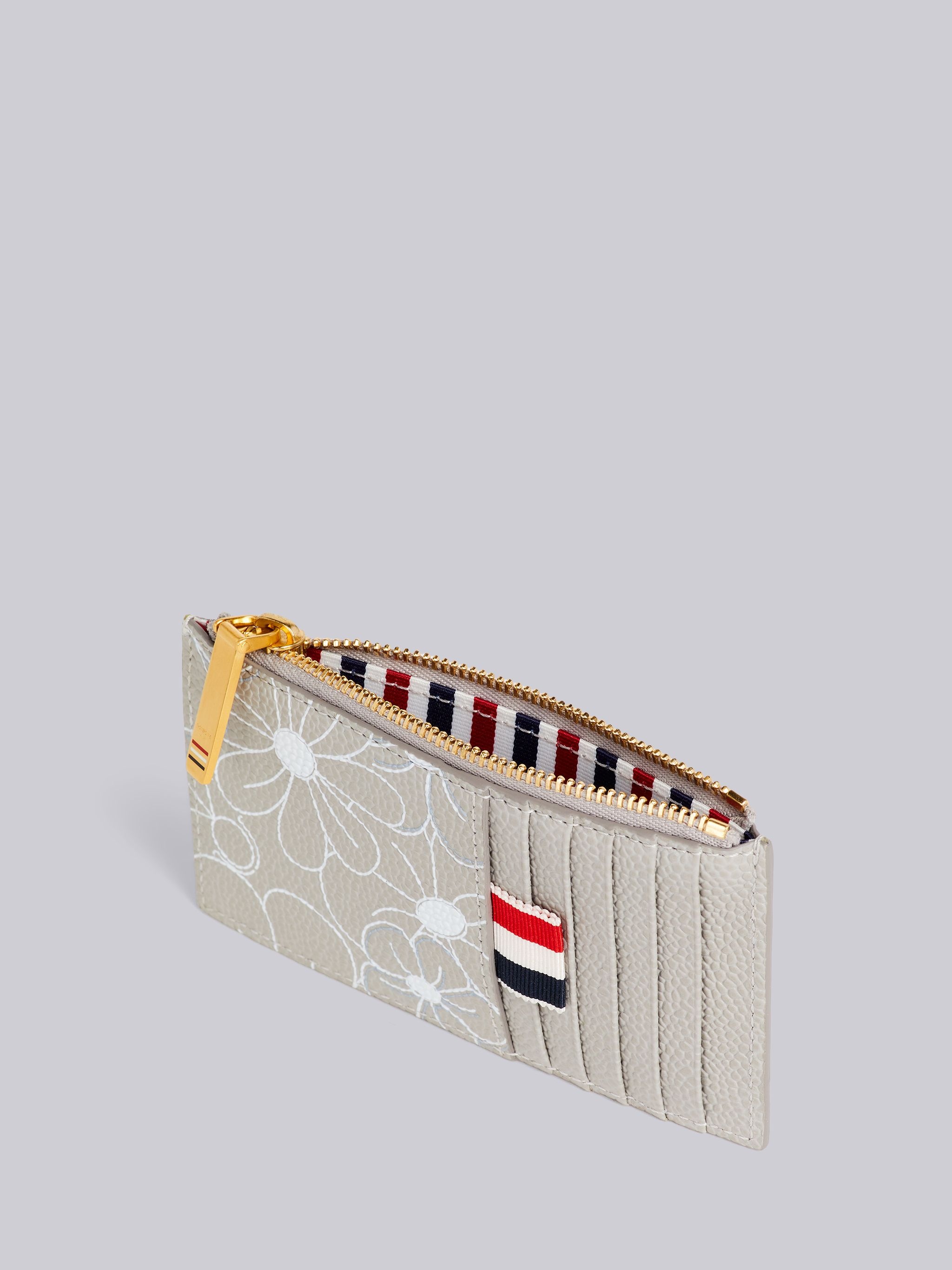 Light Grey 3d Floral Print Pebble Grain Leather Zip Card Holder - 3