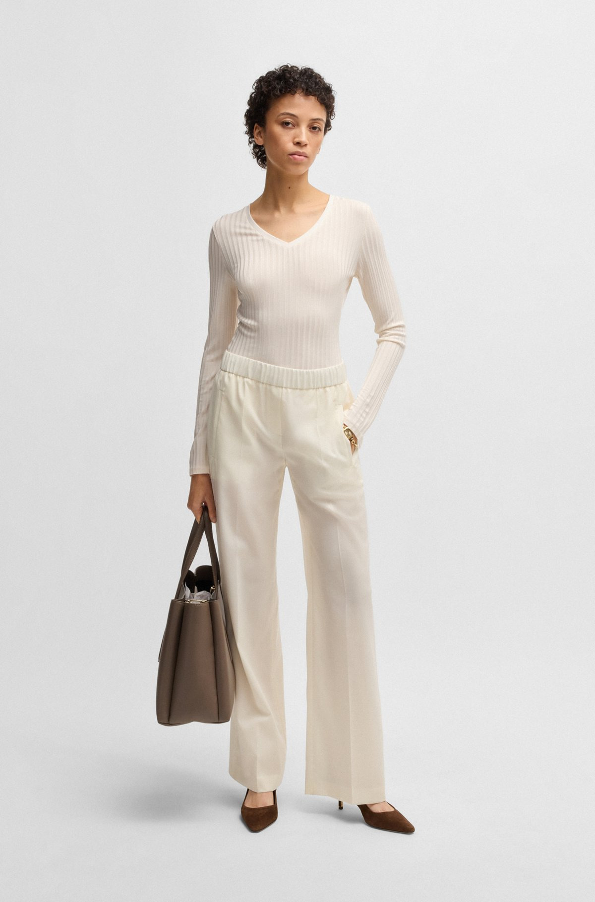 LONG-SLEEVED V-NECK TOP IN LUSTROUS RIBBED JERSEY - 3