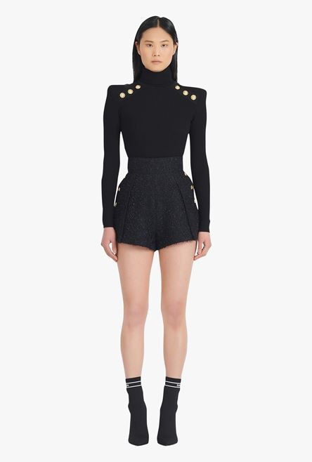 High-waisted black tweed shorts - 4