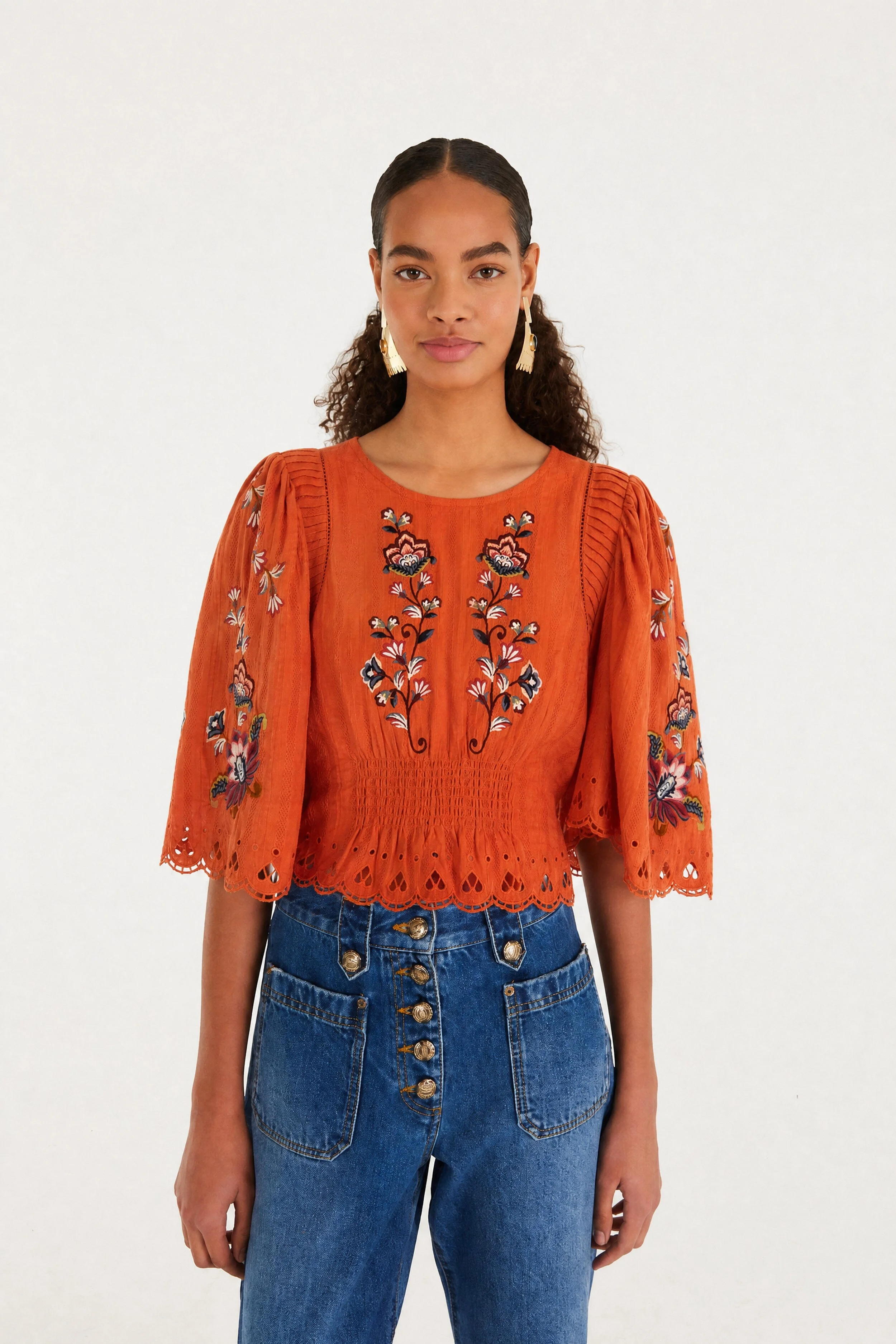Orange Boho Flowers Embroidered Puff Sleeve Blouse - 1