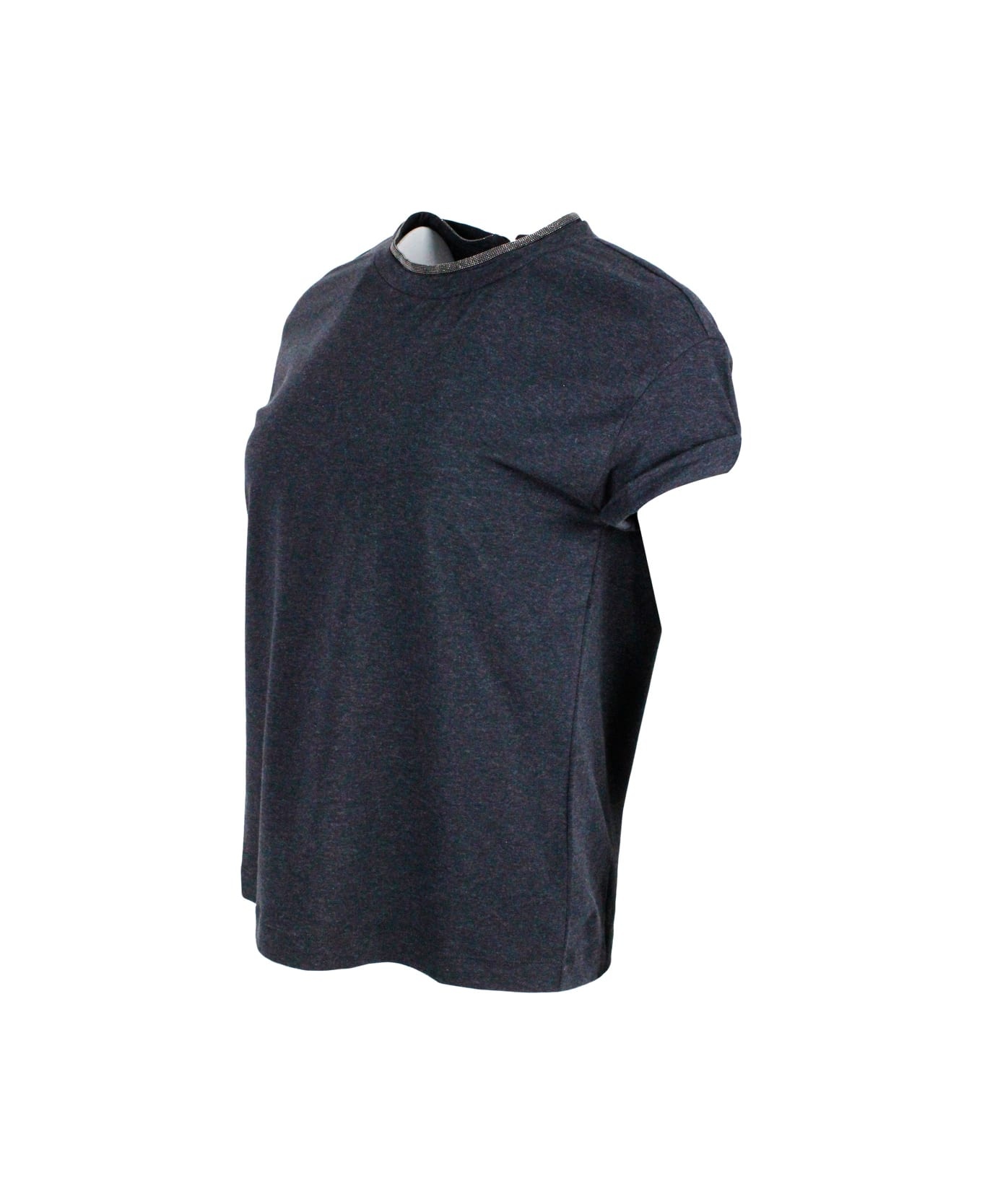 Short-sleeved T-shirt In Elasticized Stretch Cotton With A Crew Neck Edged With Jewels - 2