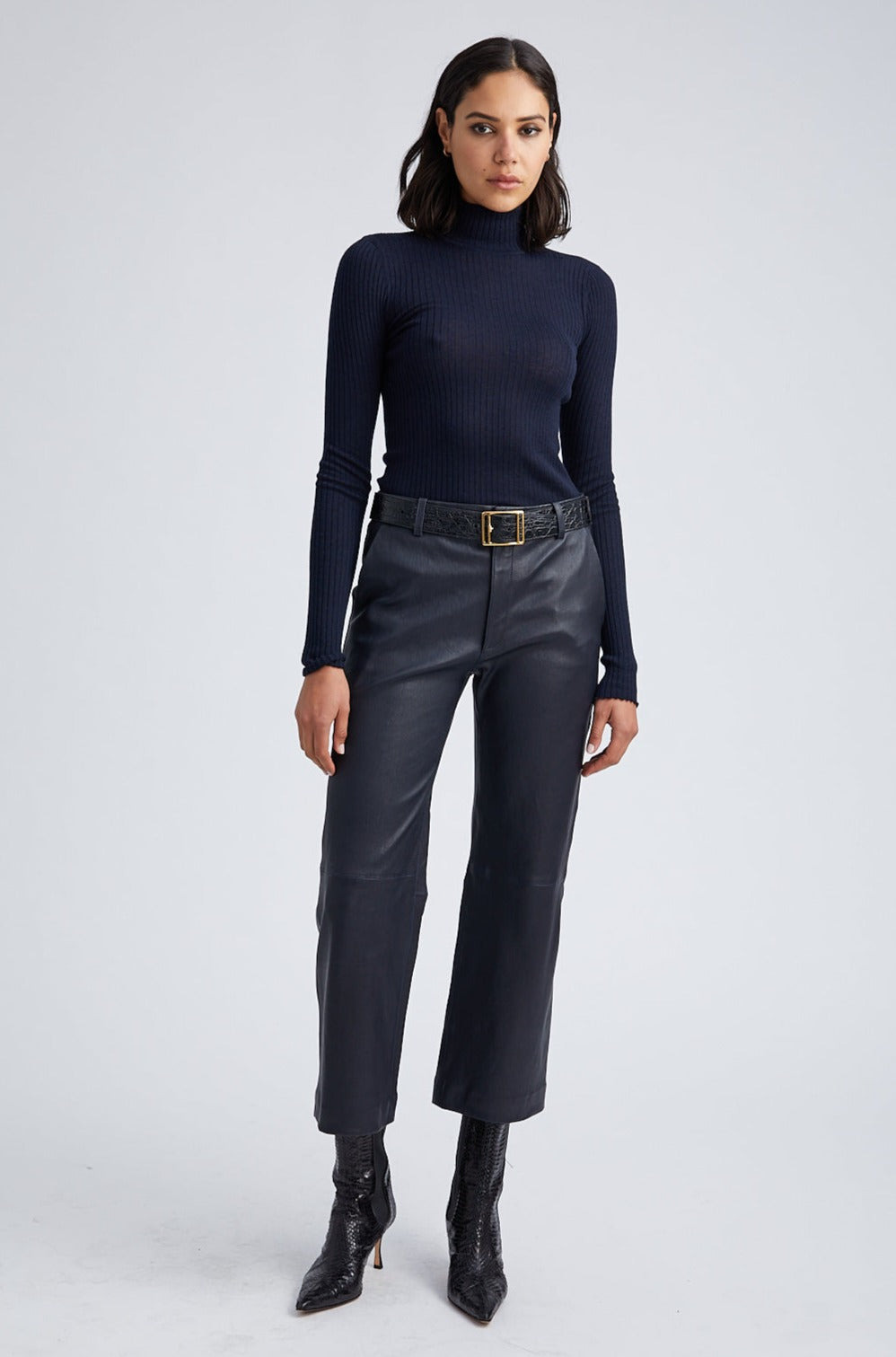 NAVY LEATHER CROPPED TROUSERS - 2