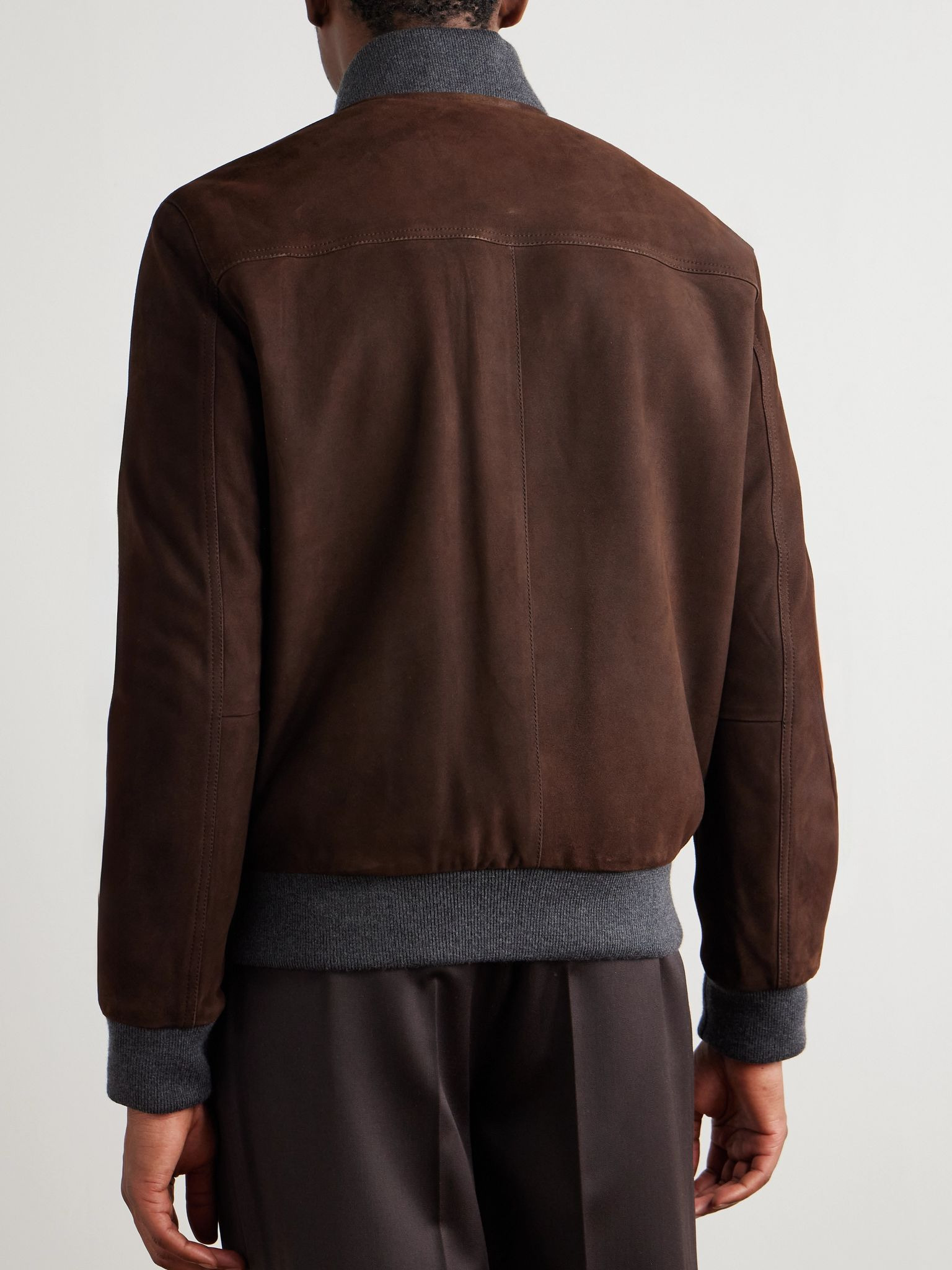 Wool-Trimmed Suede Bomber Jacket Brown - 4