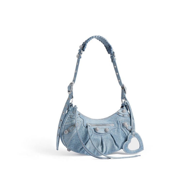 BALENCIAGA Women's Le Cagole Small Shoulder Bag In Denim With Rhinestones in Blue outlook