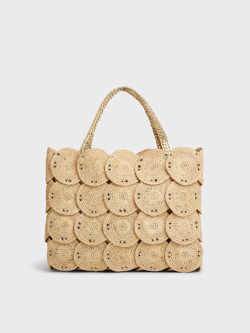 LARGE HANDBAG WITH BEIGE DISCS IN RAFFIA 1