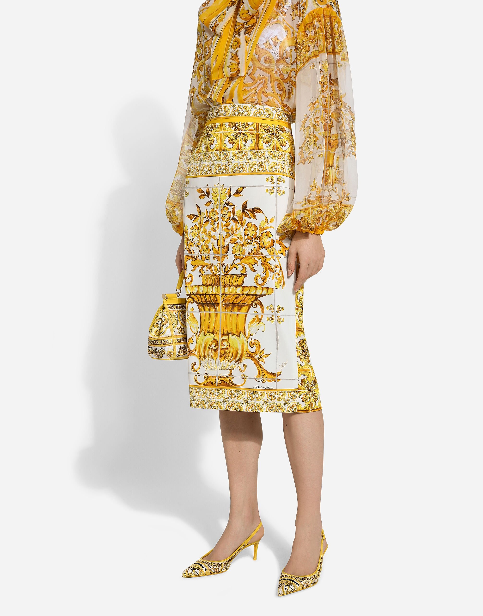 Majolica-print silk charmeuse calf-length skirt - 5