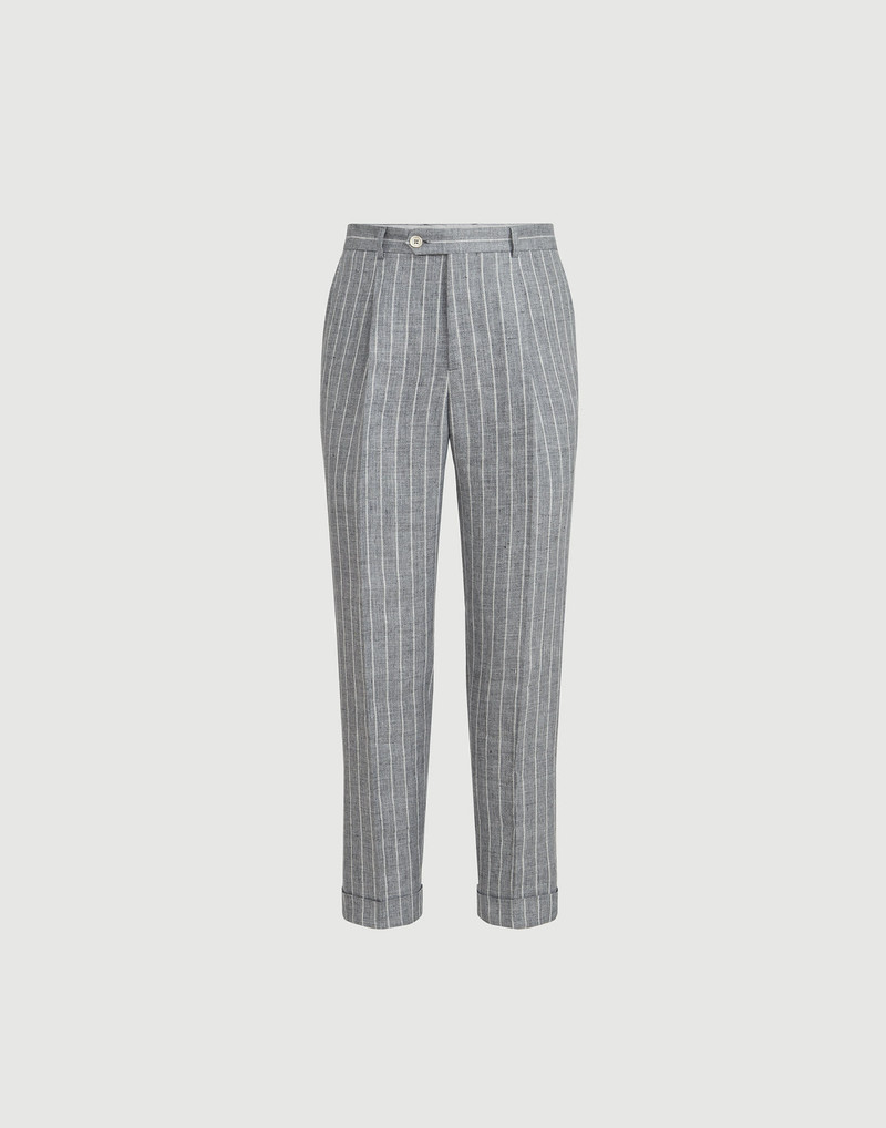 Chalk stripe linen twill trousers with pleat 1
