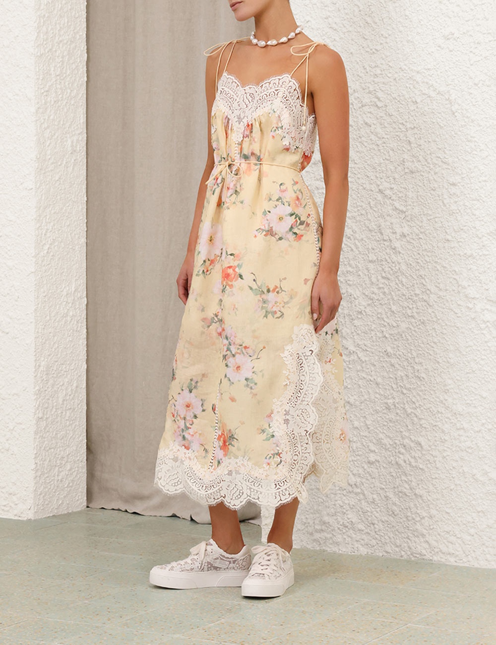 【Zimmermann】Everley belted lace-trimmed linen midi dress ZIMMERMANN Everley belted lace-trimmed floral-print linen