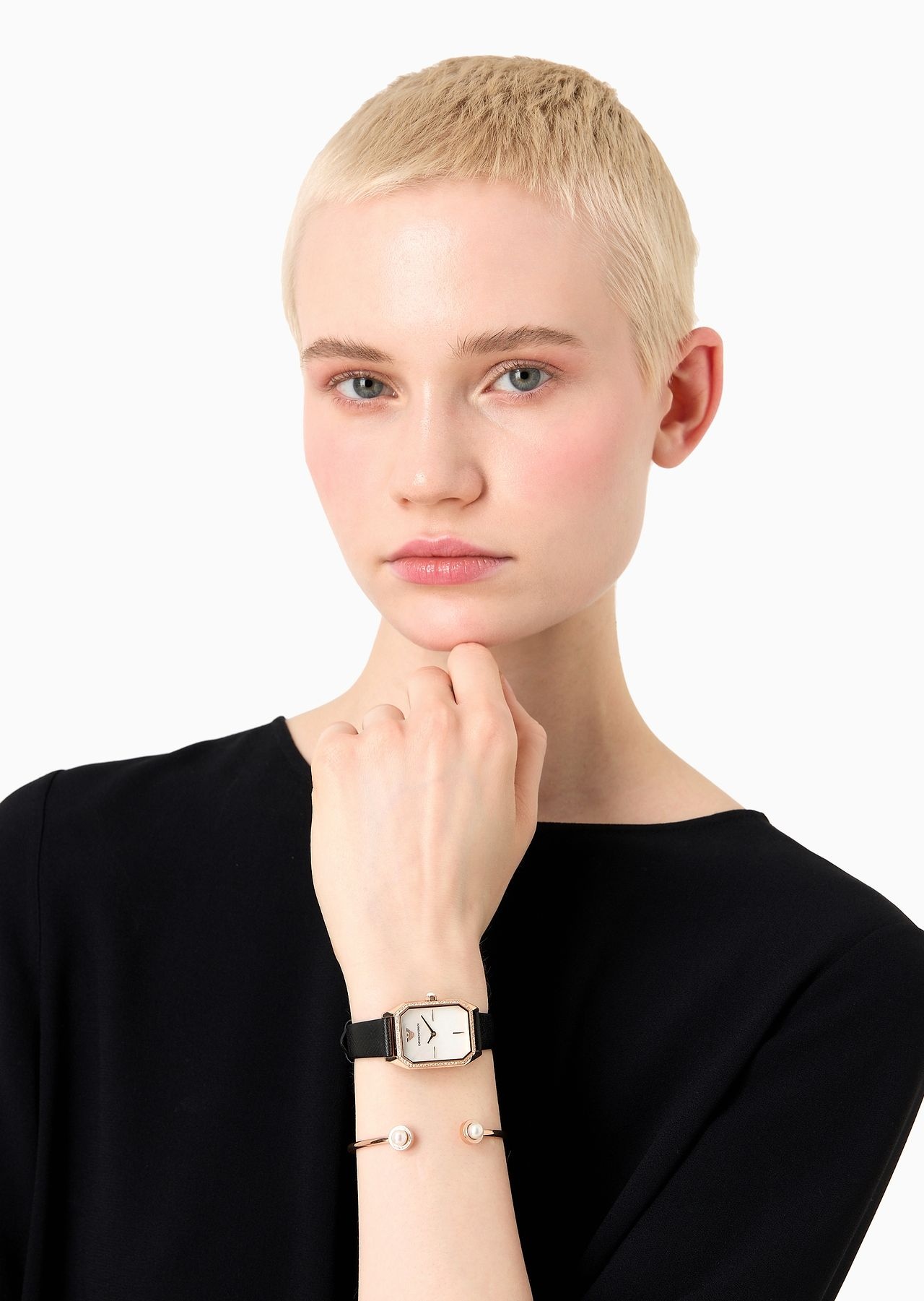Two-hand black leather watch and rose gold-tone stainless steel bracelet set - 3