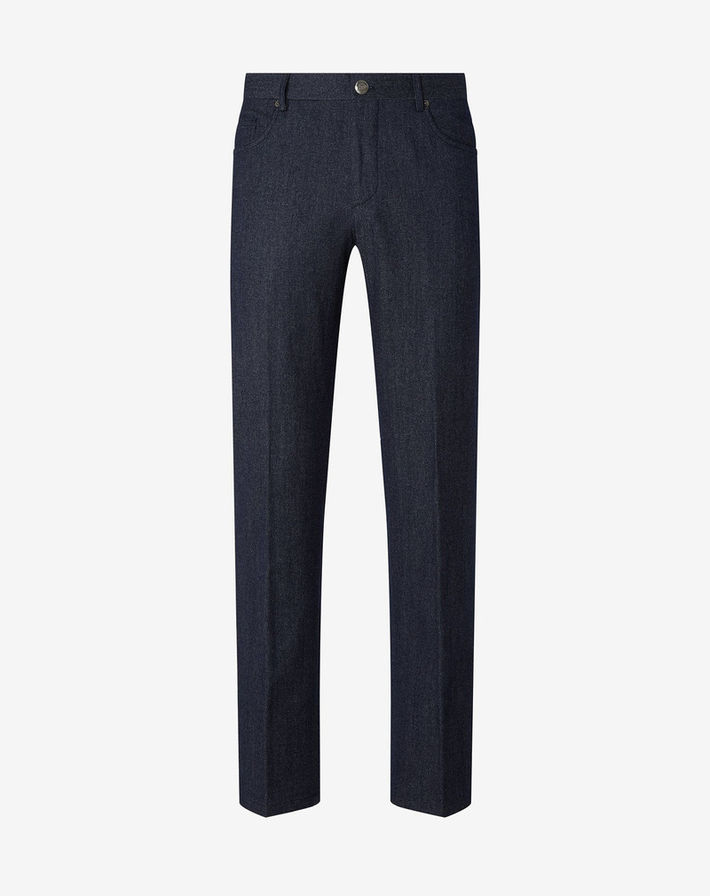 Blue 5-pocket wool and stretch cotton denim trousers 1