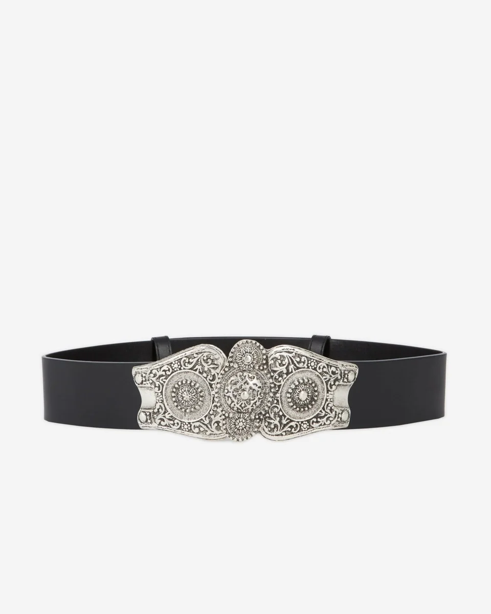 WIDE BLACK LEATHER BELT WITH LARGE WESTERN-STYLE BUCKLE - 1