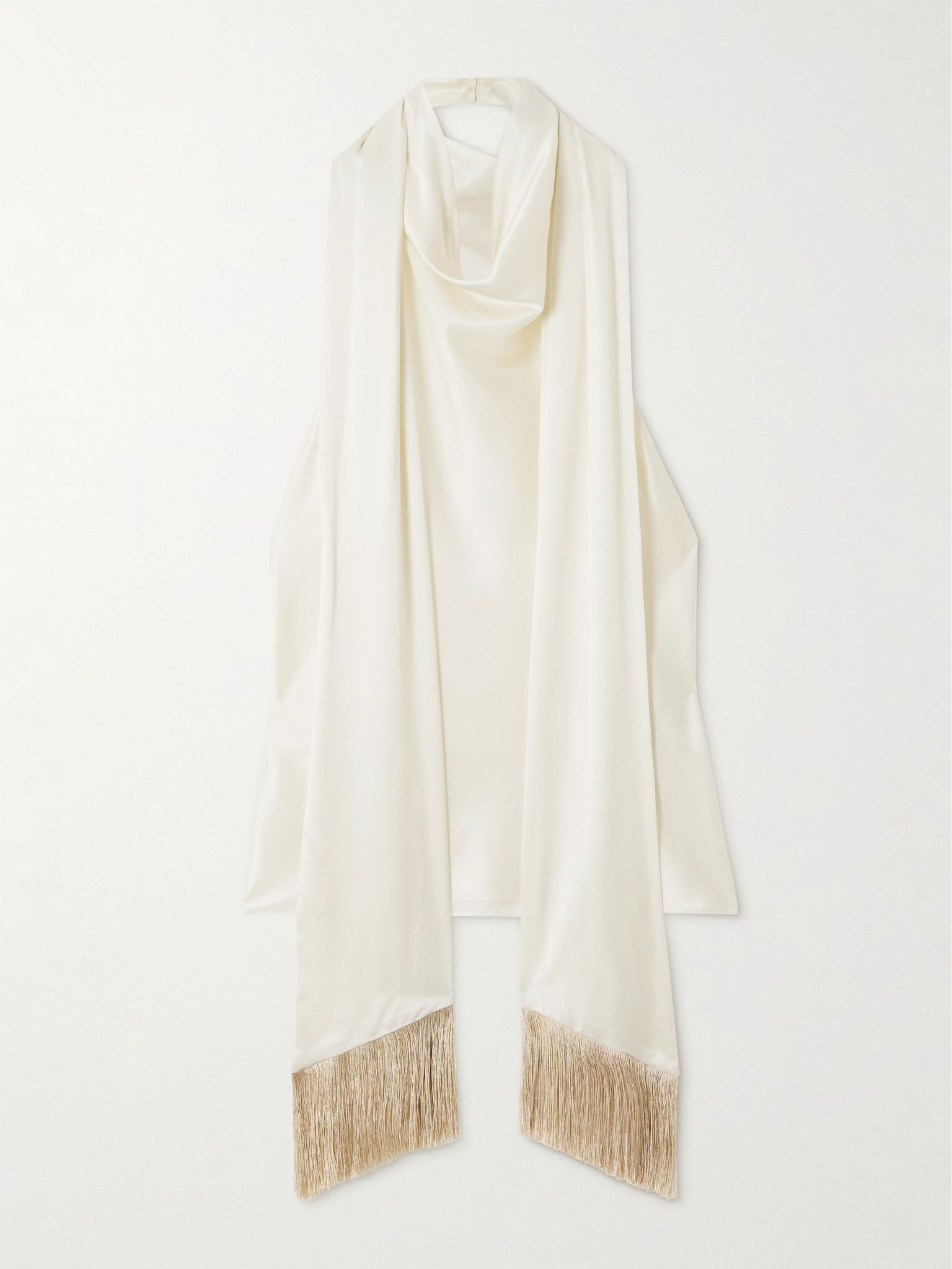 Fringed scarf-detailed draped satin halterneck top Cream - 1