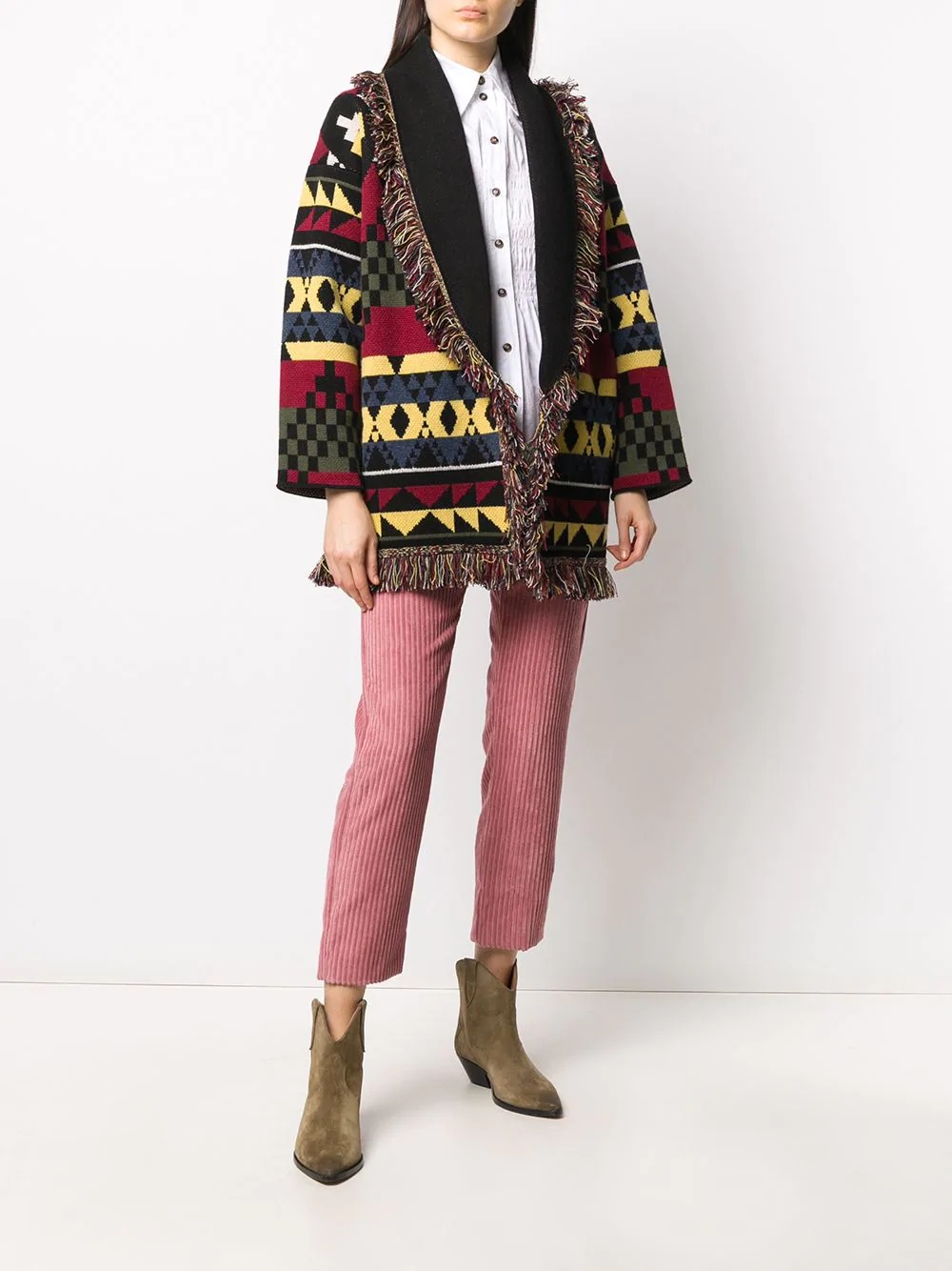 geometric-pattern fringed cardi-coat - 6