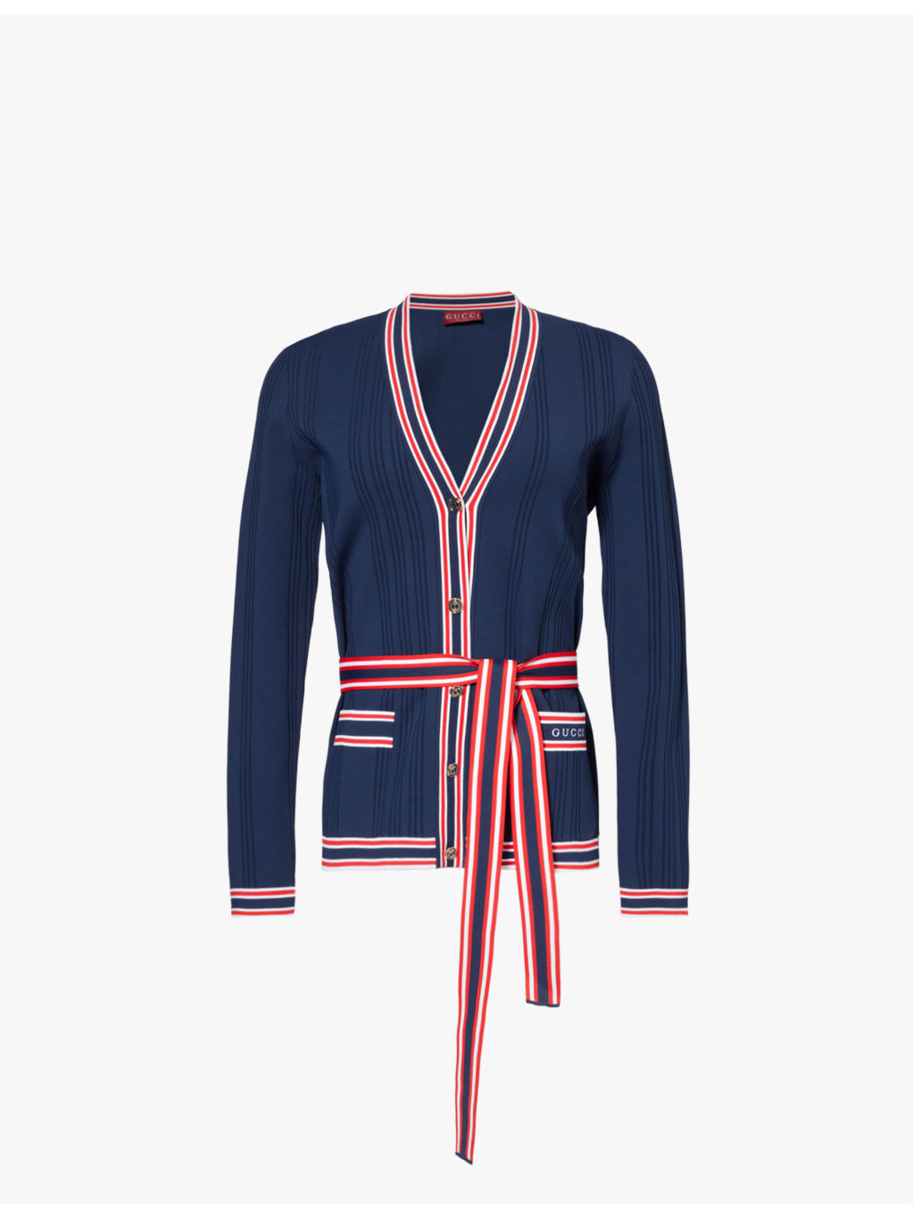 Brand-embroidered tie-belt woven-blend cardigan - 1