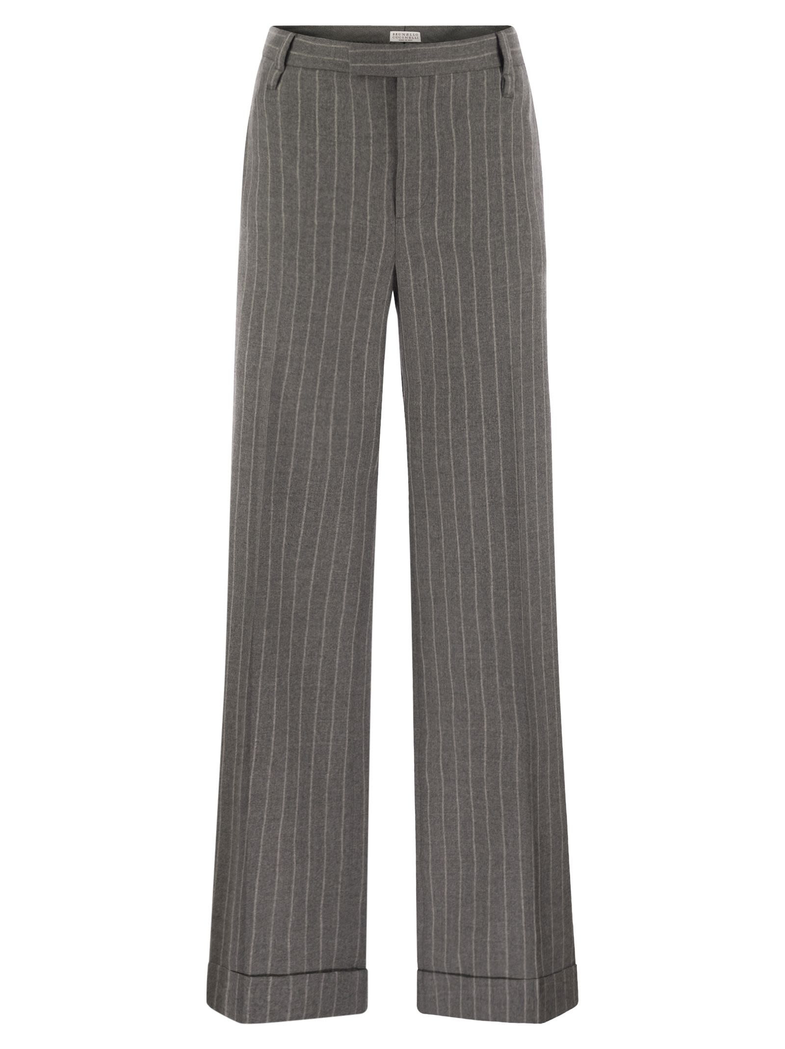 Brunello Cucinelli Women Loose Flared Trousers In Virgin Wool Mouliné Pinstripe With Beadwork - 1
