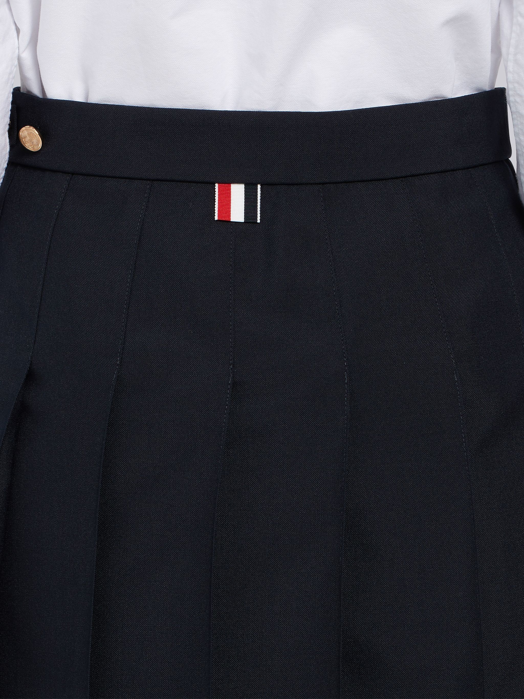 Navy School Uniform Plain Weave Grosgrain Stripe Dropped Back Pleated Mini Skirt - 6