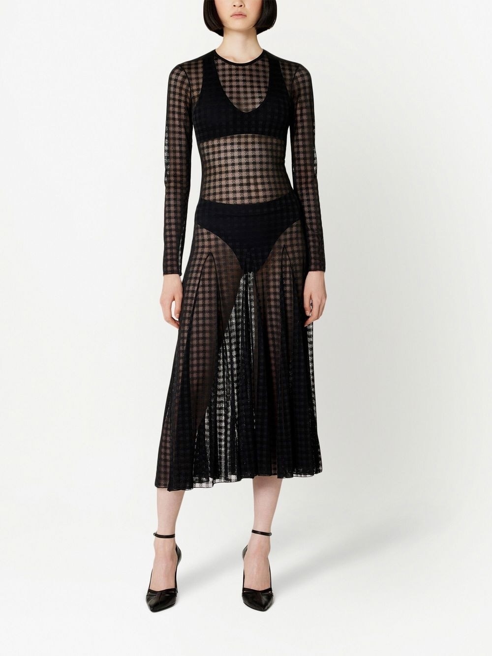 checked semi-sheer midi dress - 2