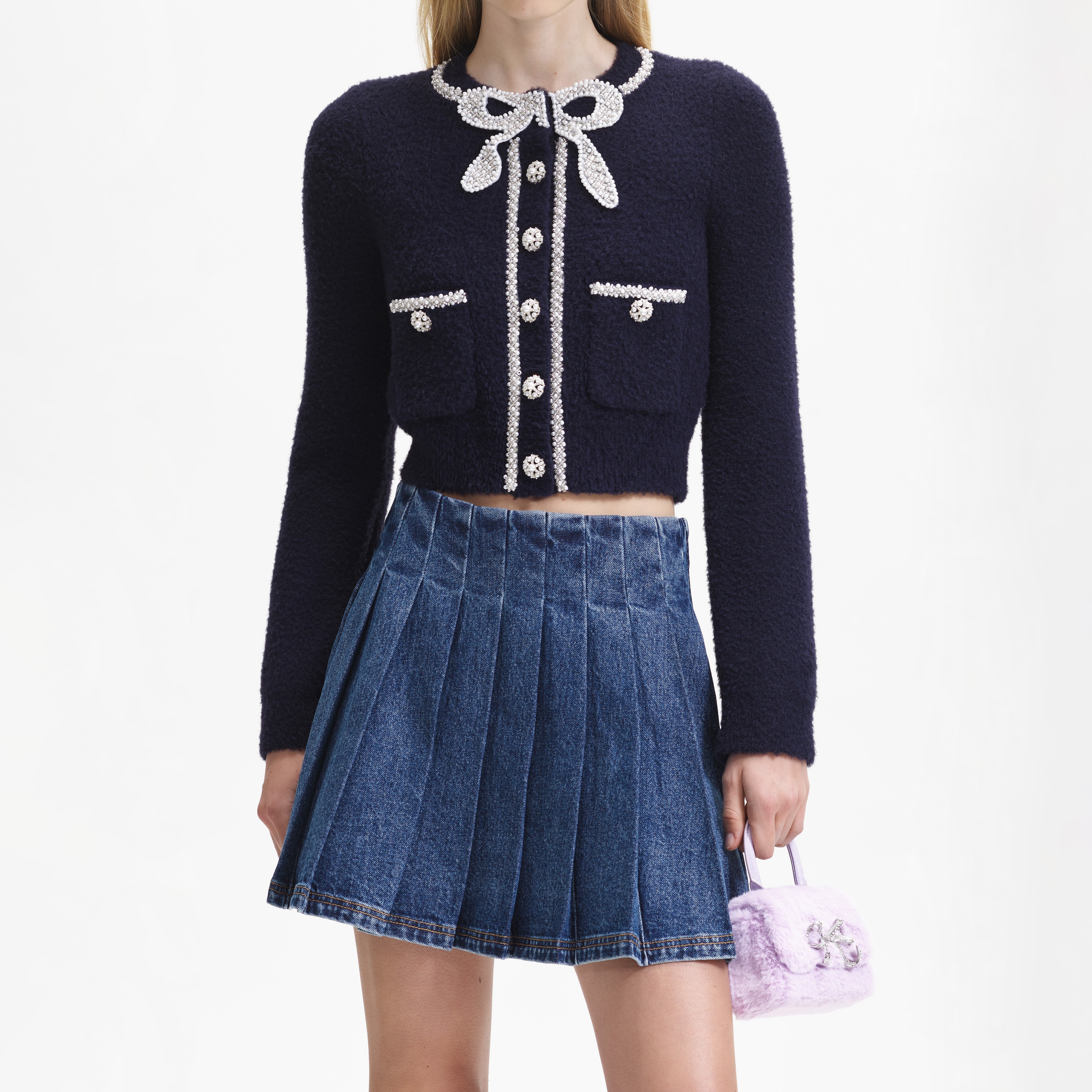 Navy Soft Knit Bow Cardigan - 4