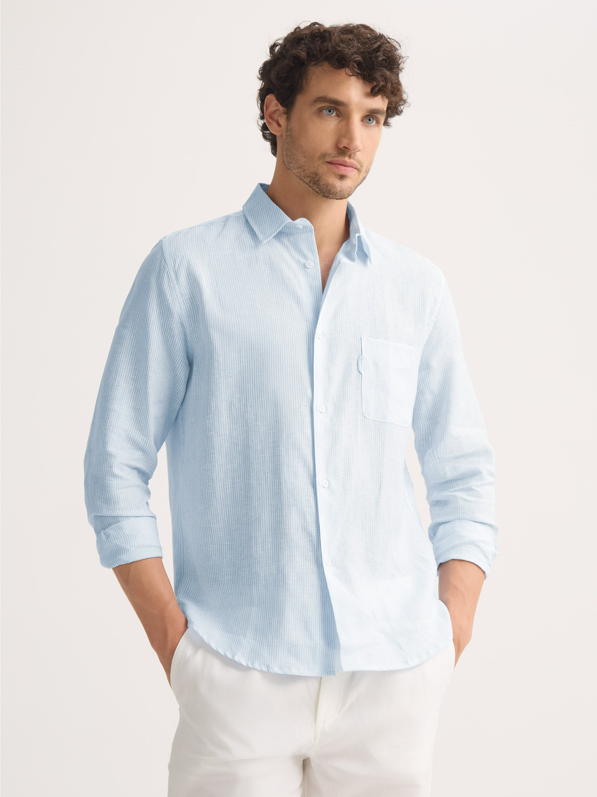 Men's Long Sleeve Shirt Malibu Woven Linen Light Blue and White Stripe - 5