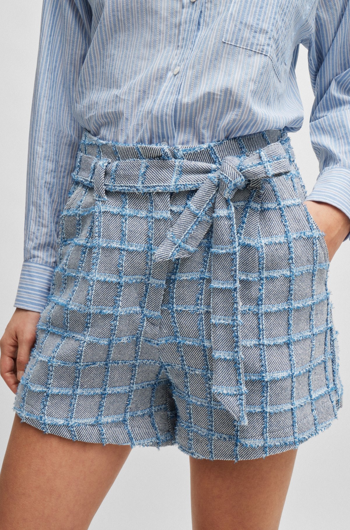 TWEED PAPERBAG SHORTS WITH DENIM CHECK - 5