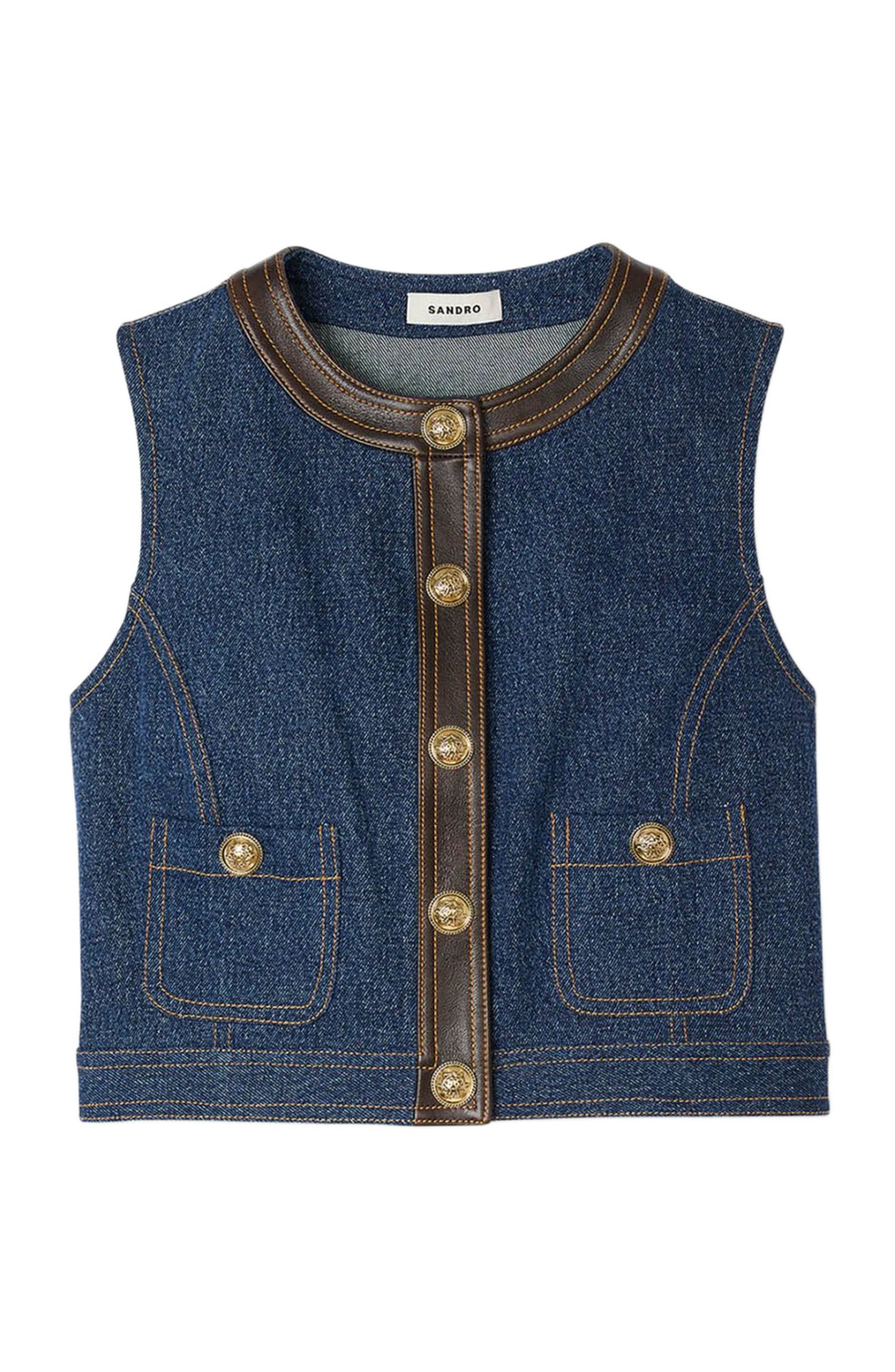 SANDRO Denim and leather top in Dark Blue at Nordstrom - 5