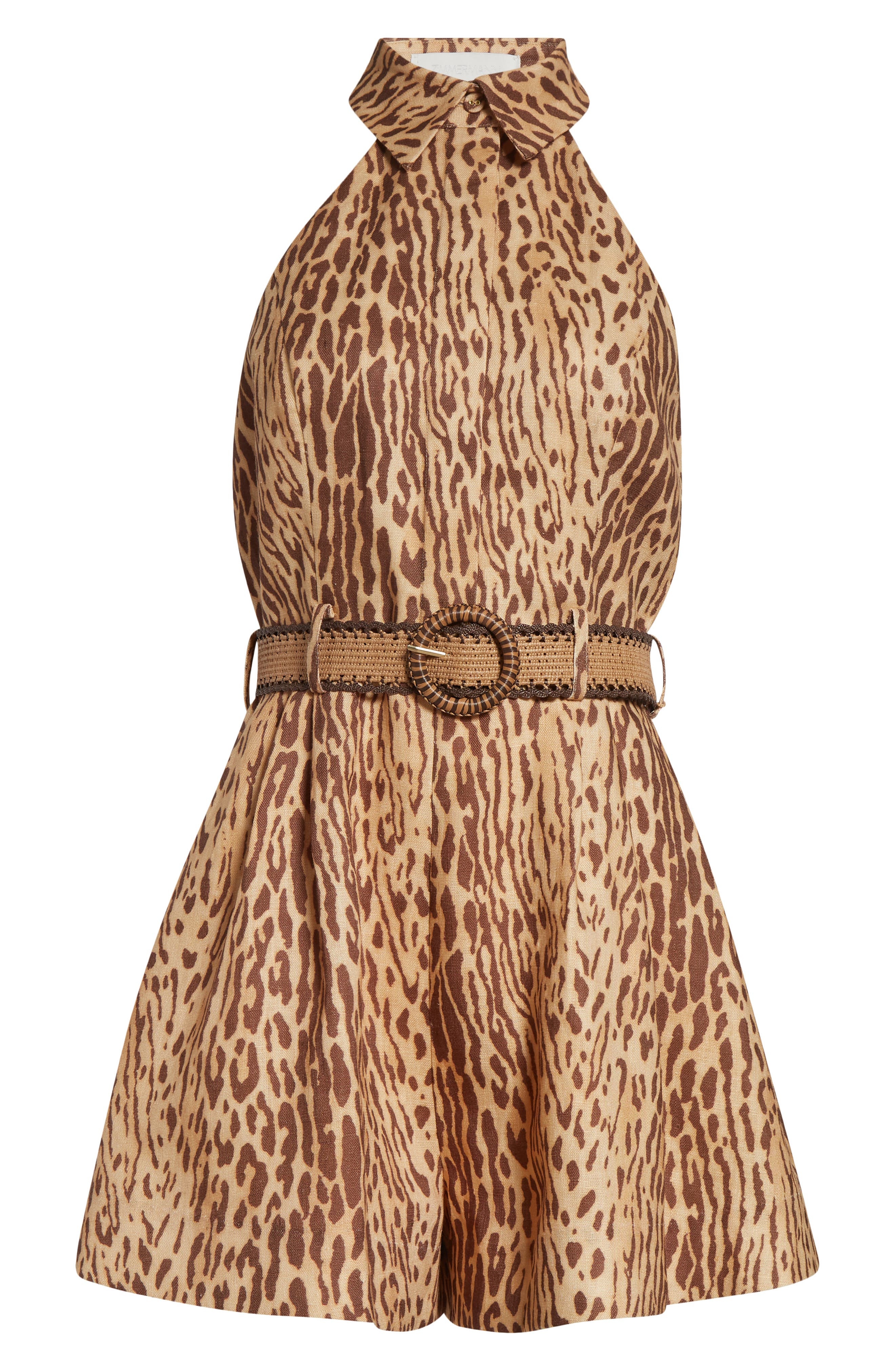 Zimmermann Cascadian Belted Linen Halter Romper in Tan Leopard at Nordstrom - 6