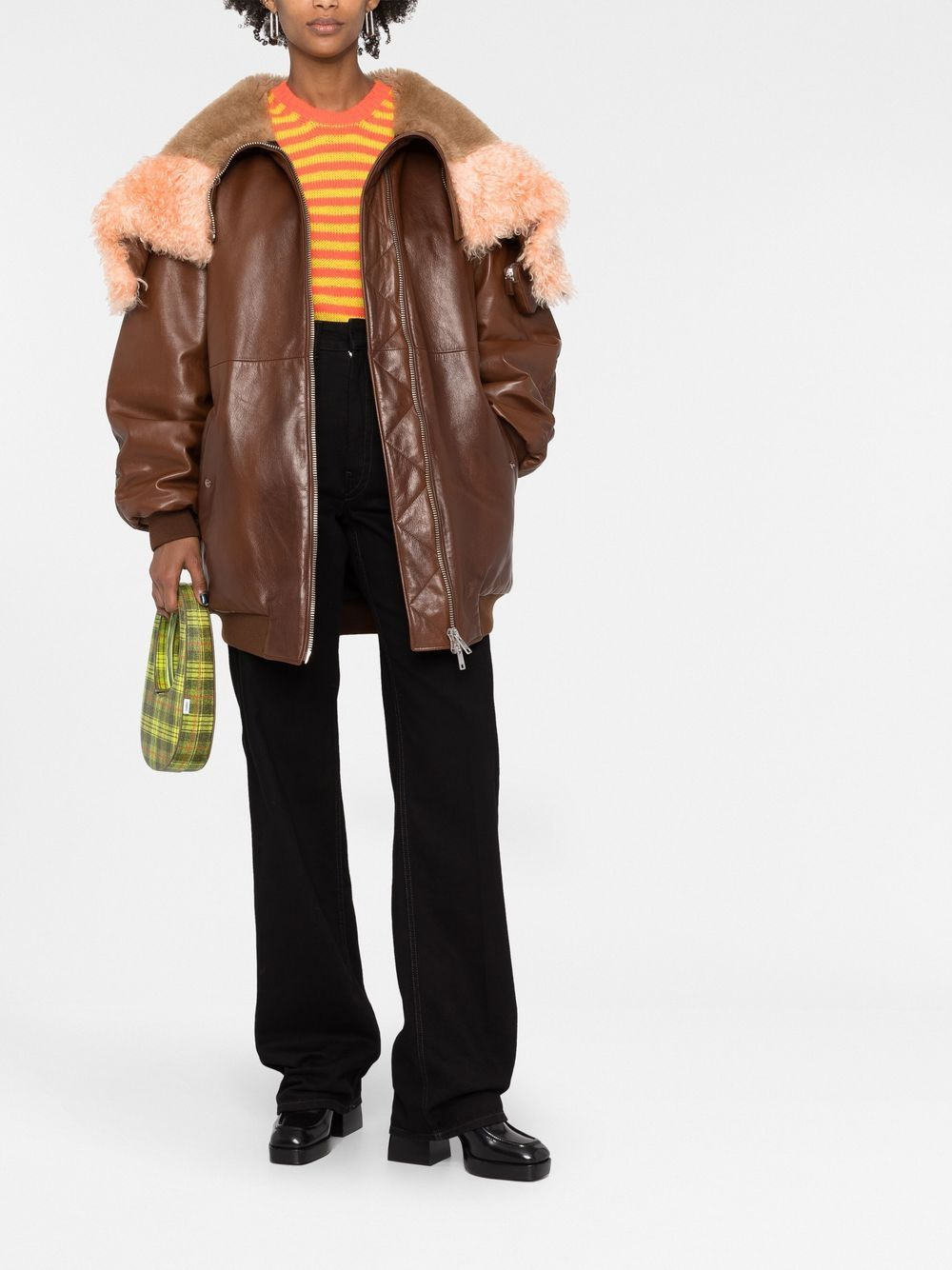 shearling-trim zip-up leather jacket - 2