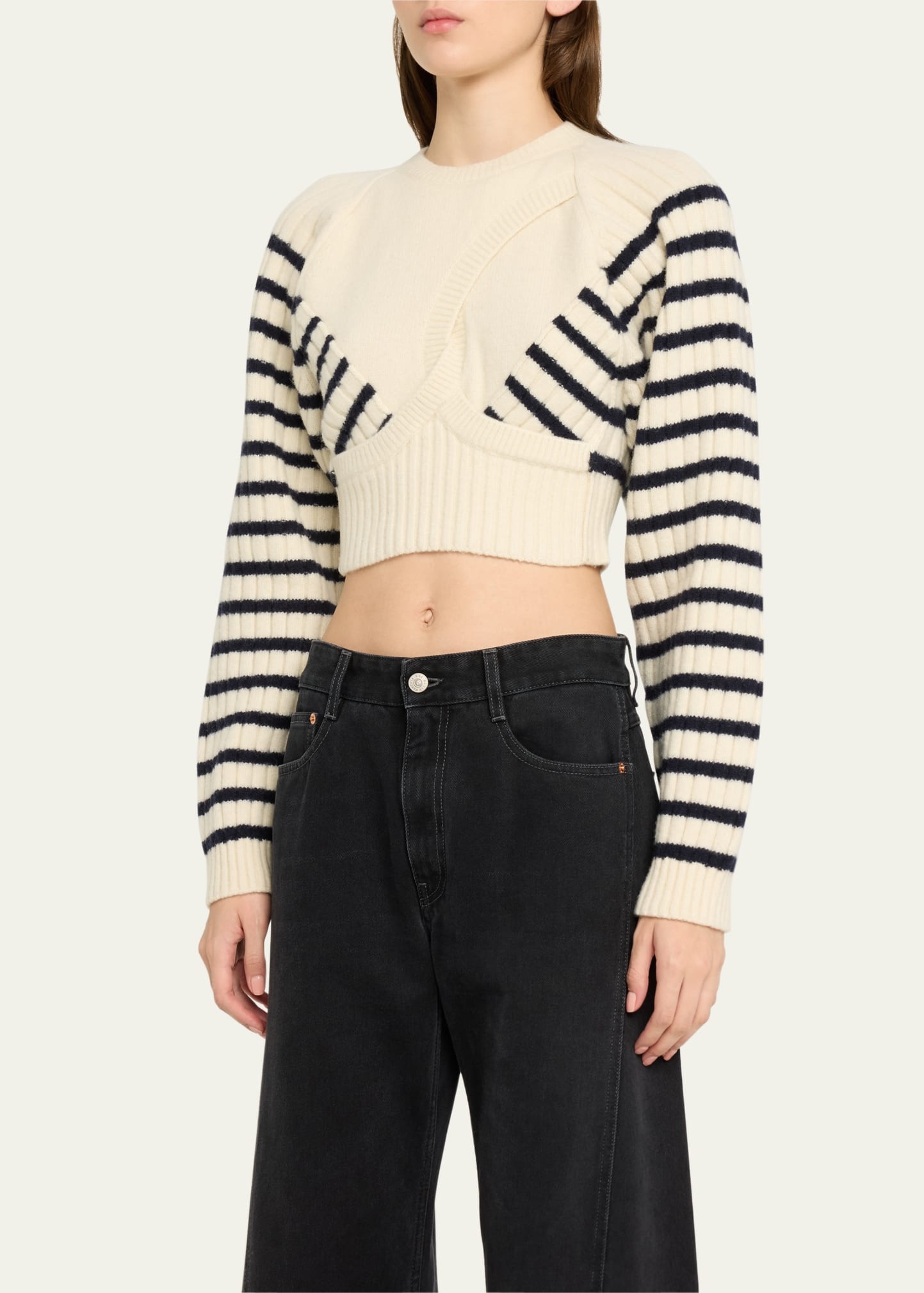 Ribbed Mariniere Cropped Knit Pullover - 4