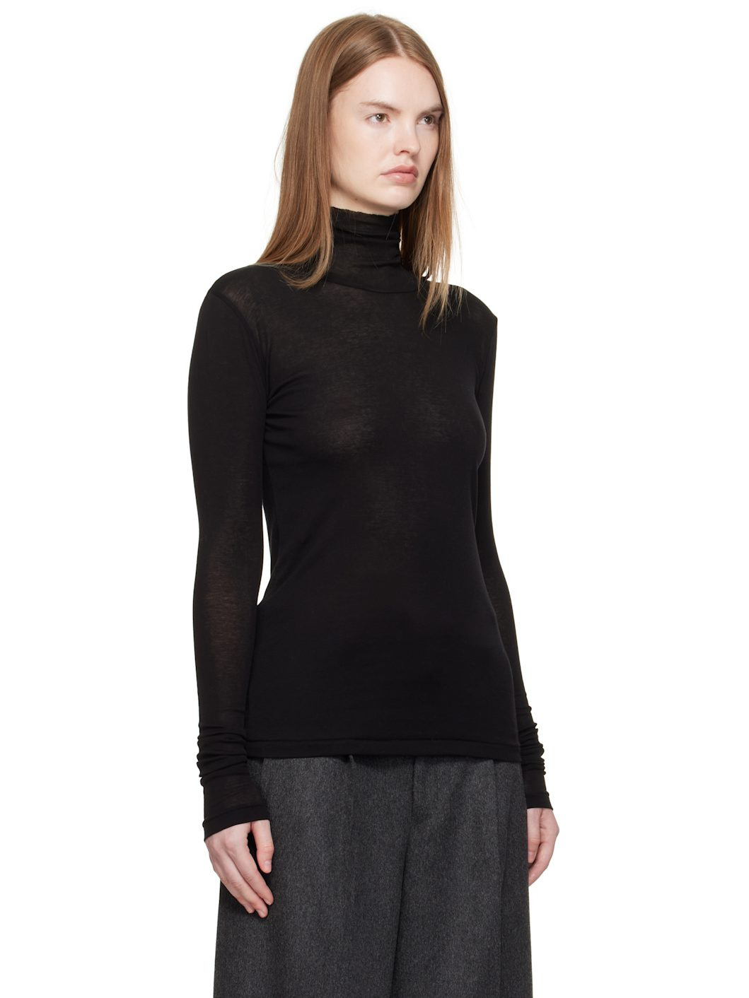 Black Super High Gauge Sheer Rib Turtleneck - 2