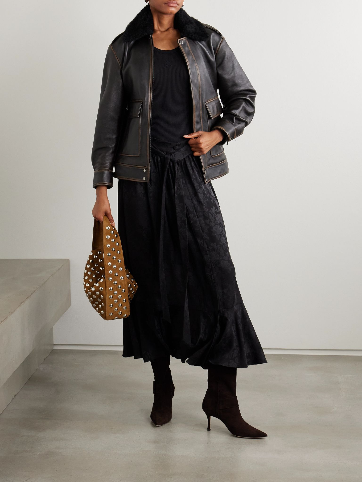 Drey distressed shearling-trimmed leather jacket Black - 5