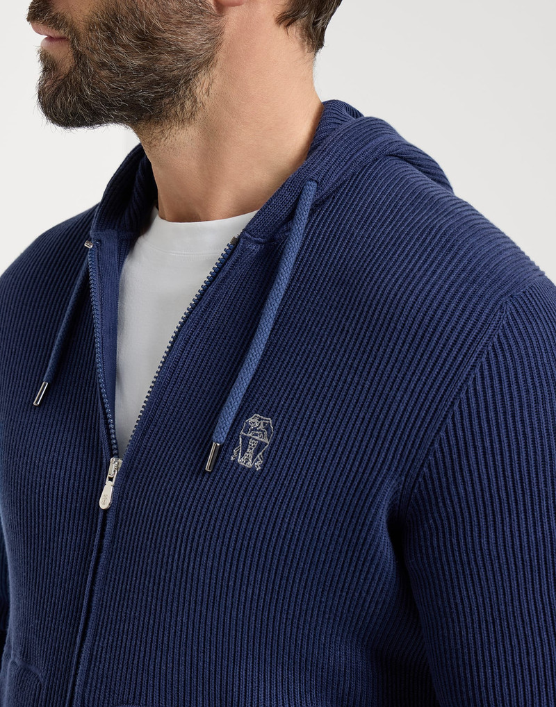 Cotton English rib knit hooded sweatshirt with logo and zipper 4