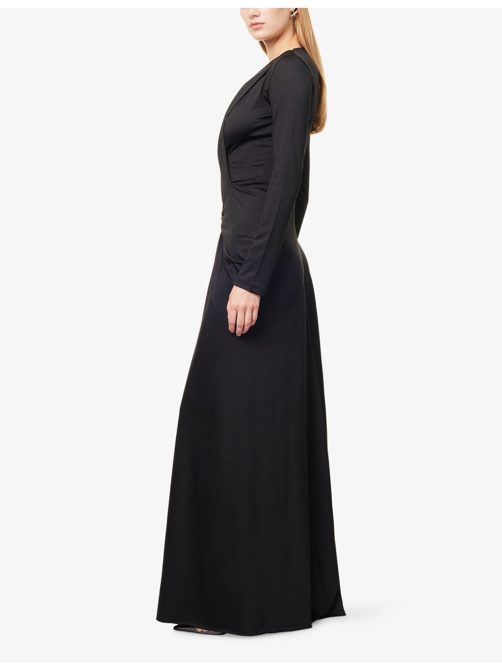 V-Neck Gathered Stretch-Woven Maxi Dress - 3